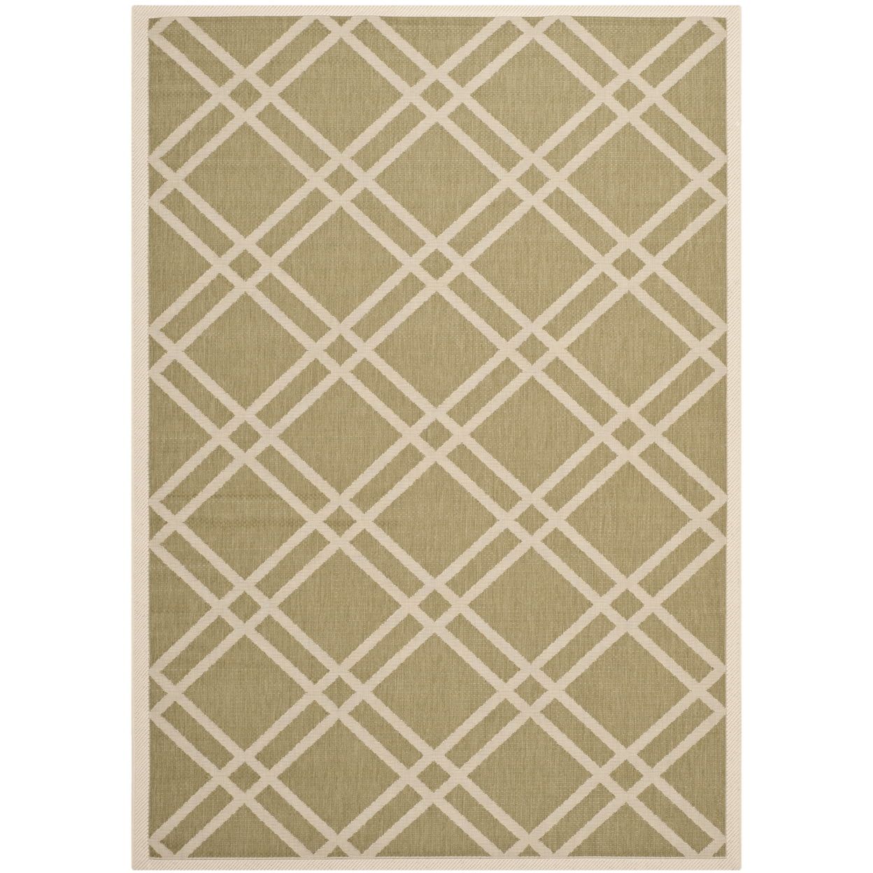 Green and Beige Geometric Bordered Outdoor Area Rug, 4' x 5'7"