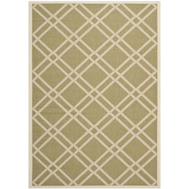 Green and Beige Geometric Bordered Outdoor Area Rug, 4' x 5'7"
