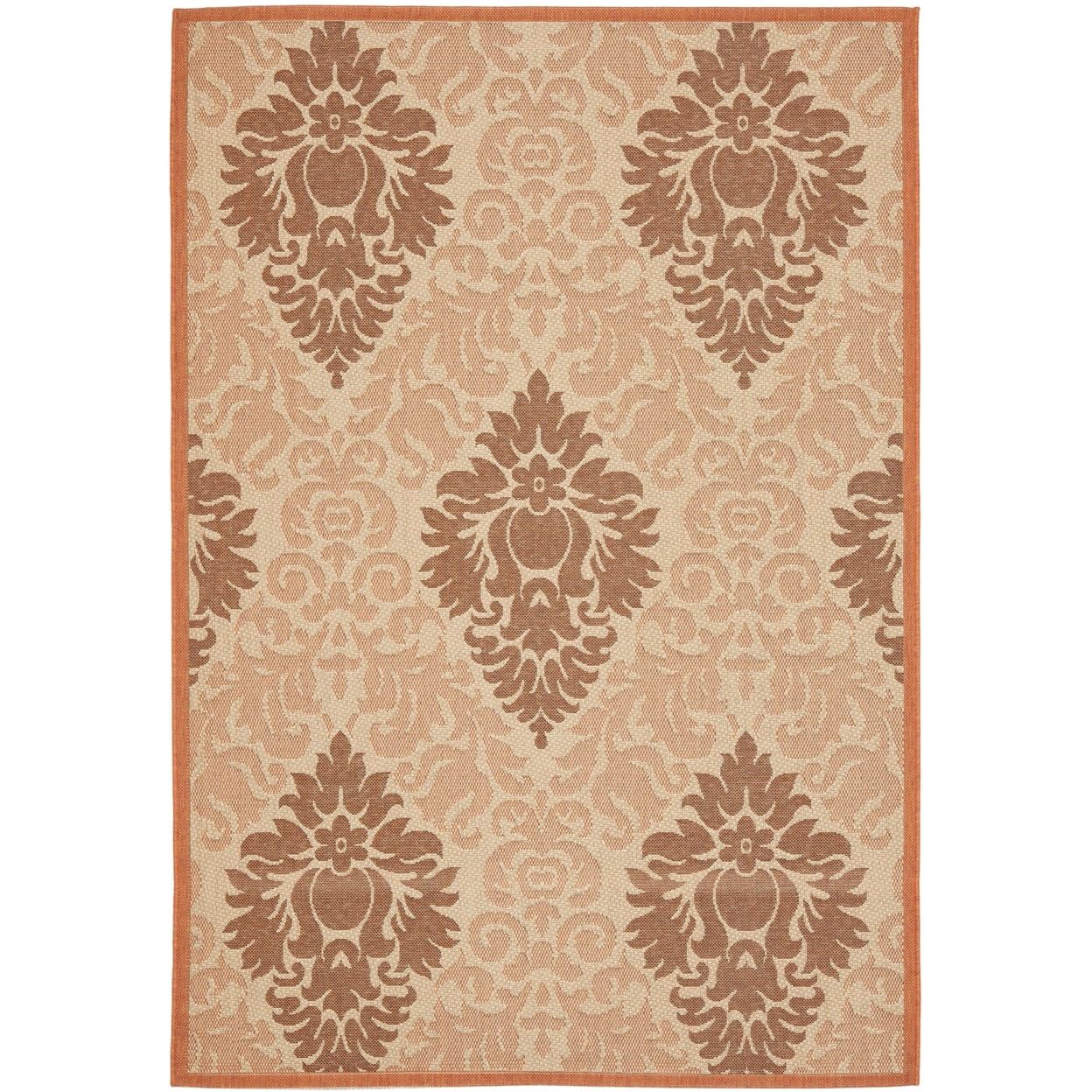 Beige and Terracotta Damask Outdoor Area Rug 6'7" x 9'6"