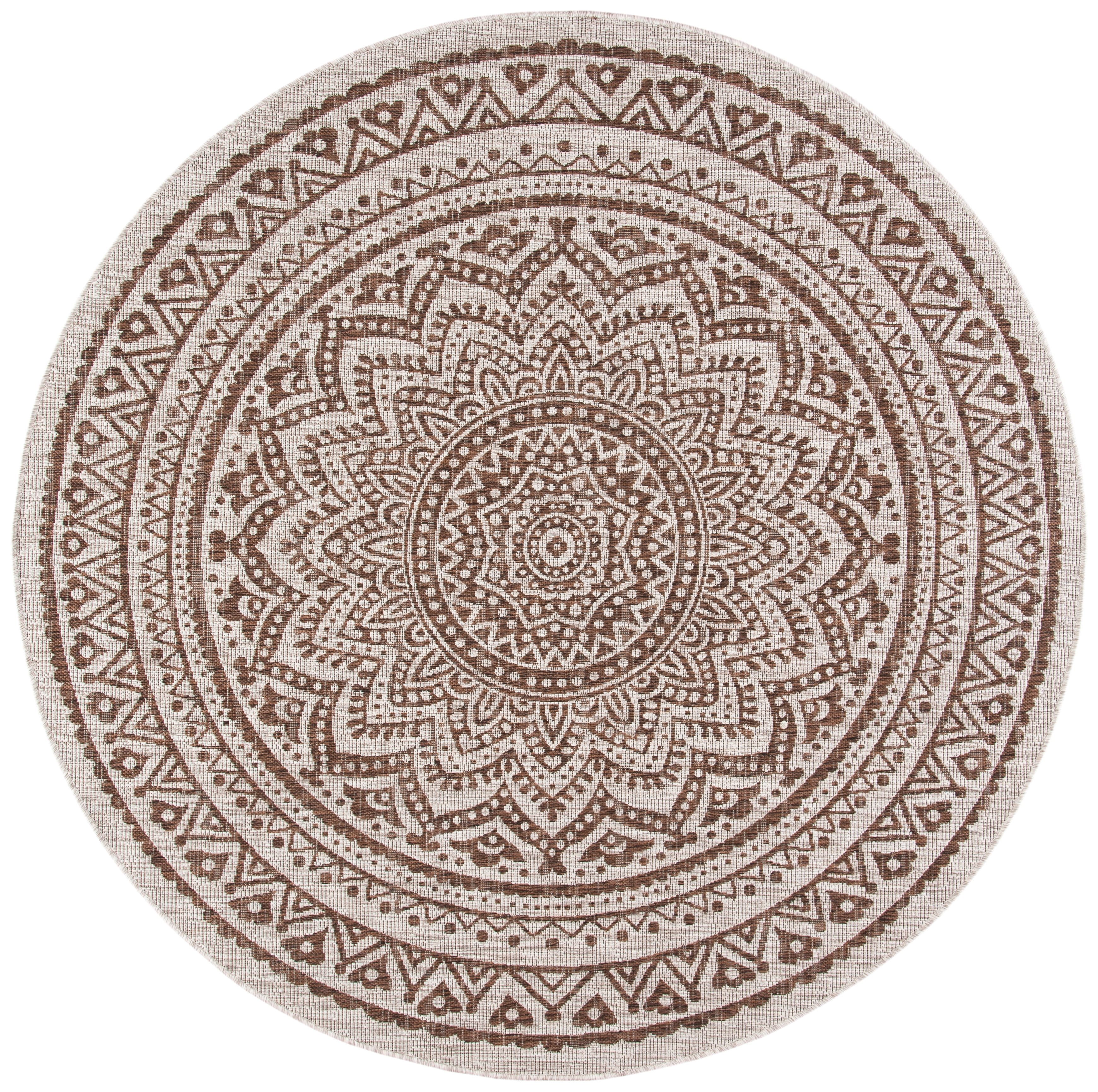 Light Beige and Brown Round Synthetic Indoor/Outdoor Rug