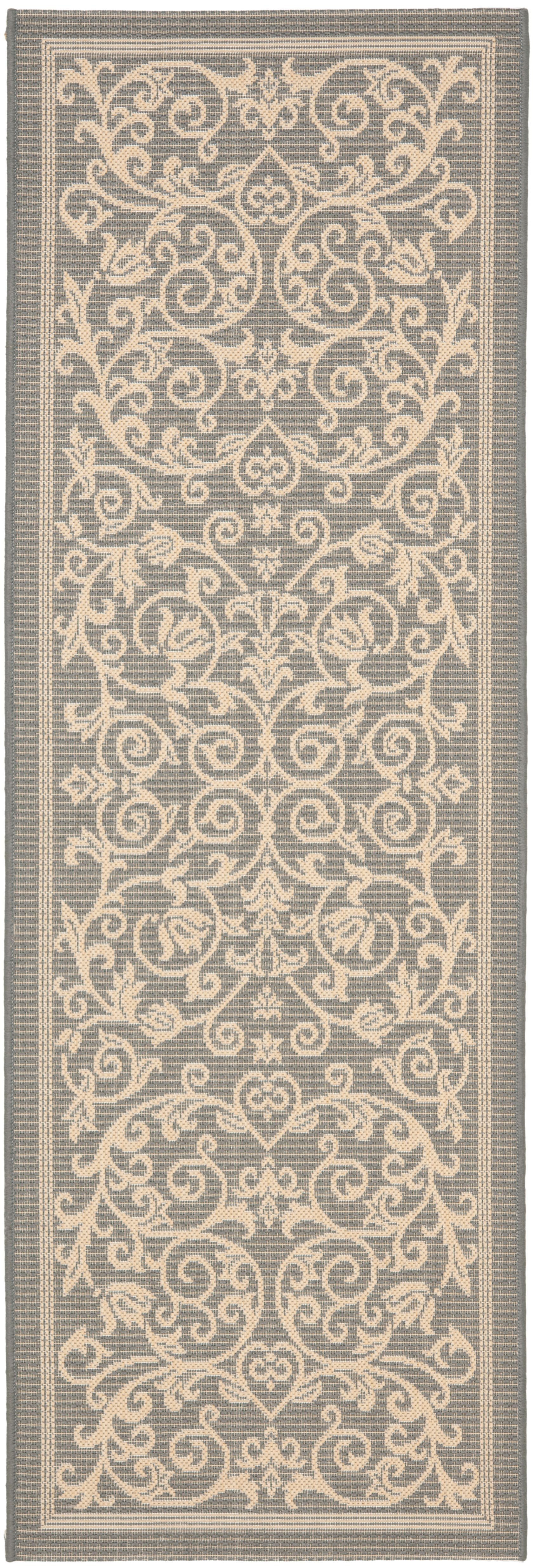 Grey and Natural Synthetic Baroque Print Outdoor Area Rug