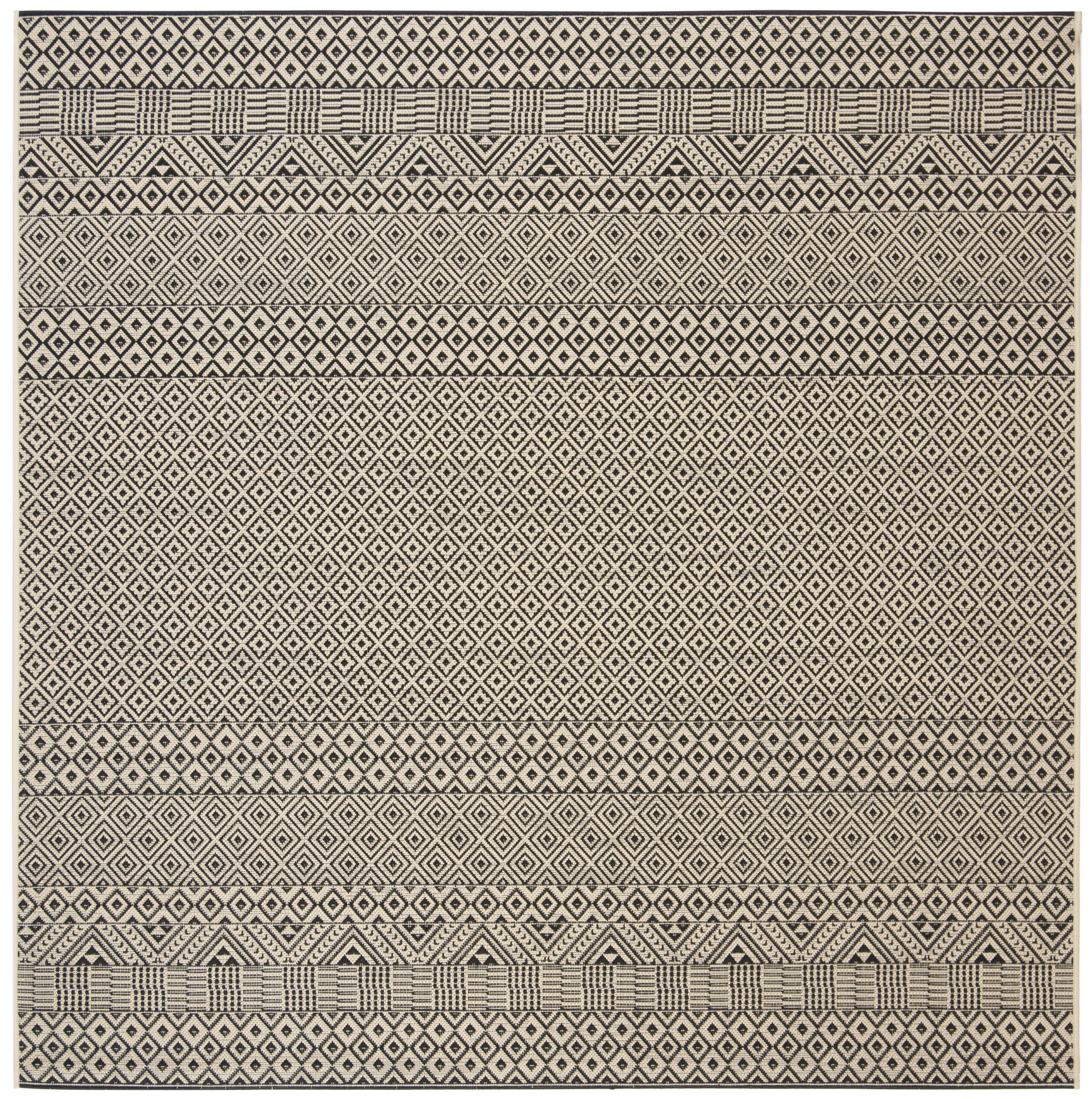 Beige and Black Geometric Square Indoor/Outdoor Rug, 4' x 4'