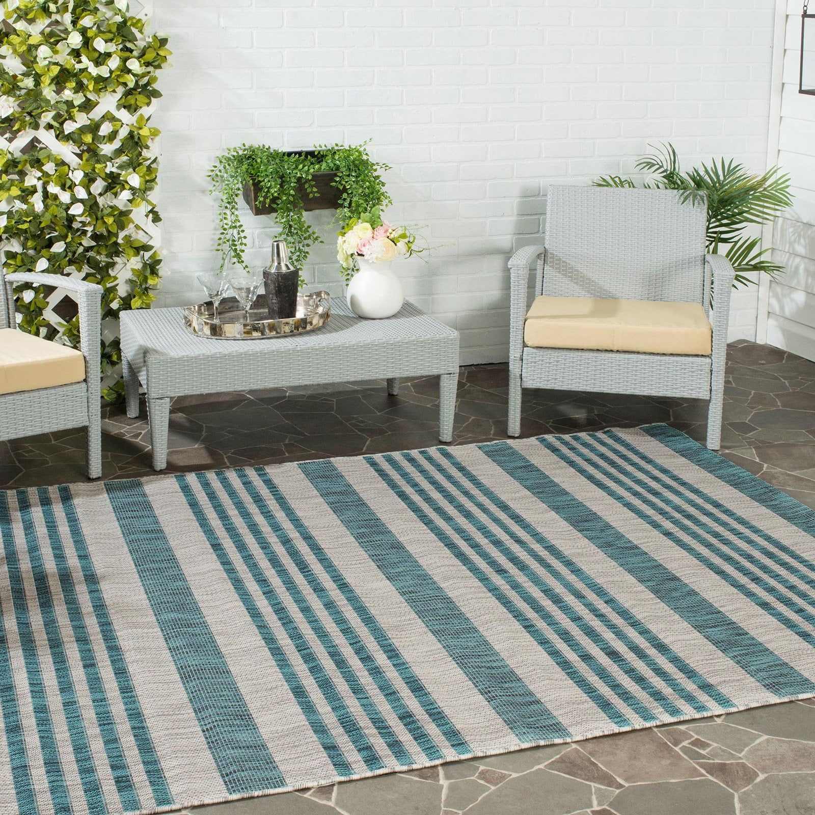 Blue and Teal Synthetic 9' x 12' Reversible Outdoor Rug