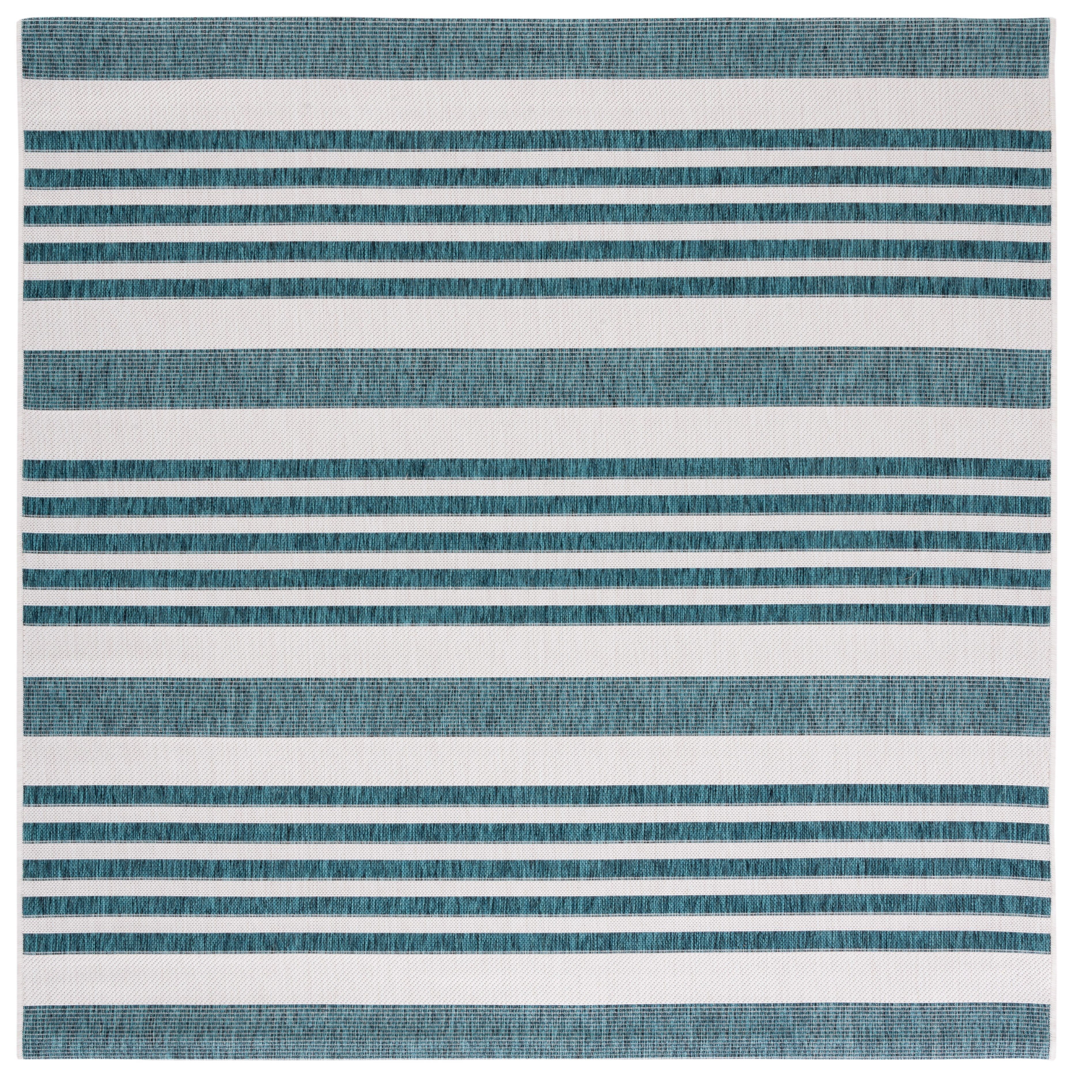 Ivory and Teal Striped Square Indoor/Outdoor Synthetic Rug