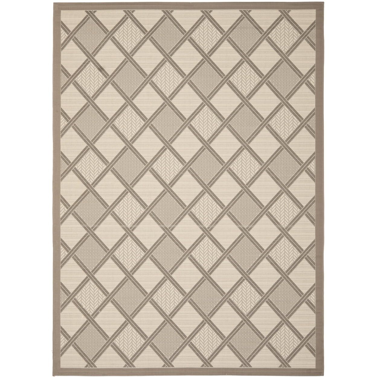 Taupe and Greige Geometric Outdoor Area Rug with Trim Embellishment