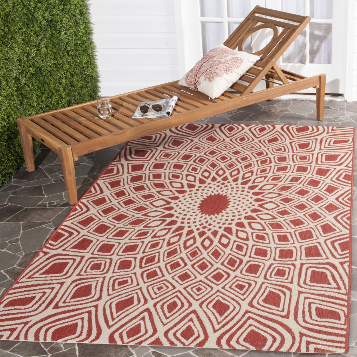 Red and Beige Synthetic Easy Care Runner Rug, 27" x 8'
