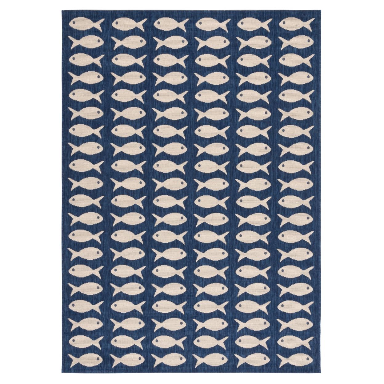 Navy and Beige Synthetic 5' x 7' Easy-Care Outdoor Area Rug