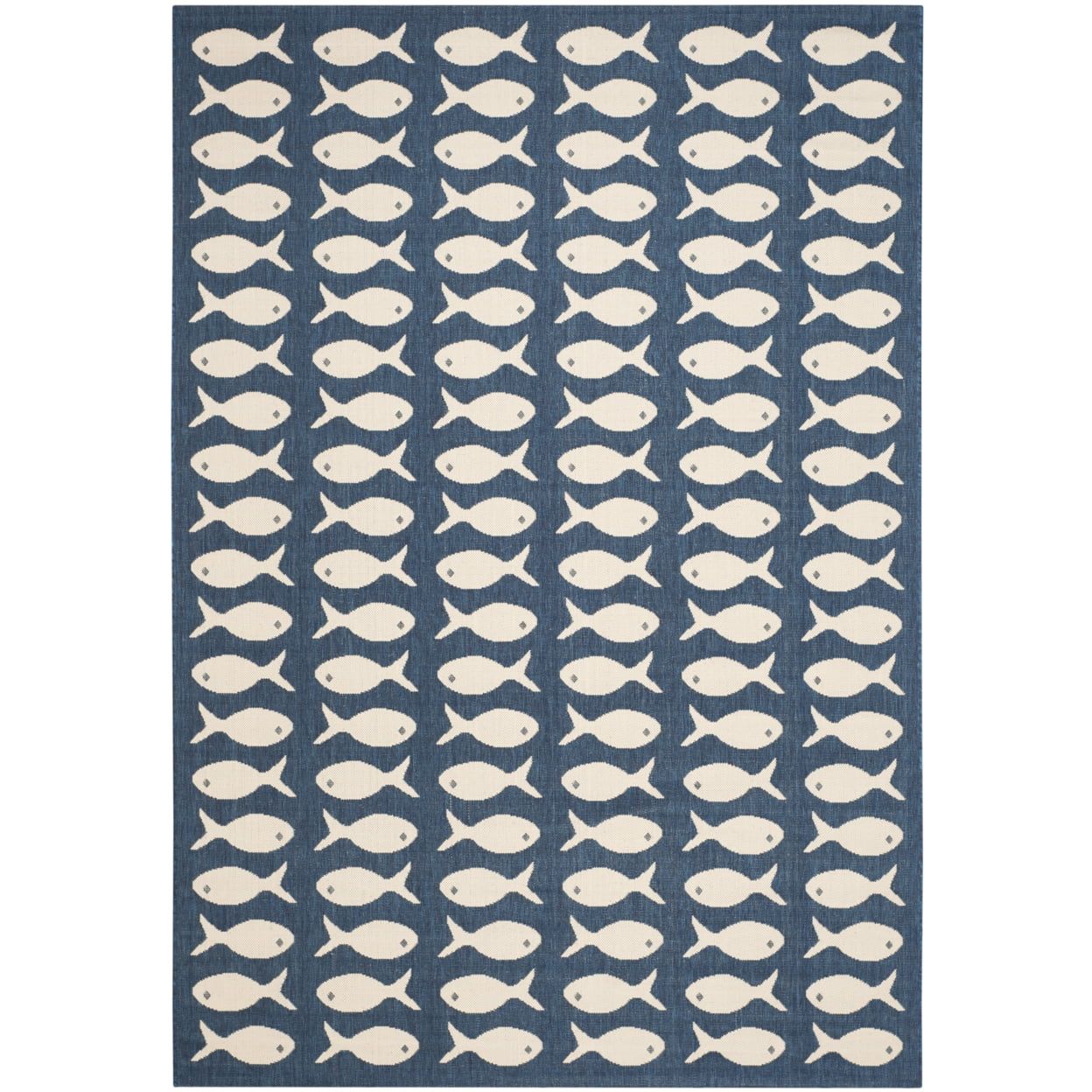 Navy and Beige Square Synthetic Indoor/Outdoor Area Rug, 6'7" x 9'6"