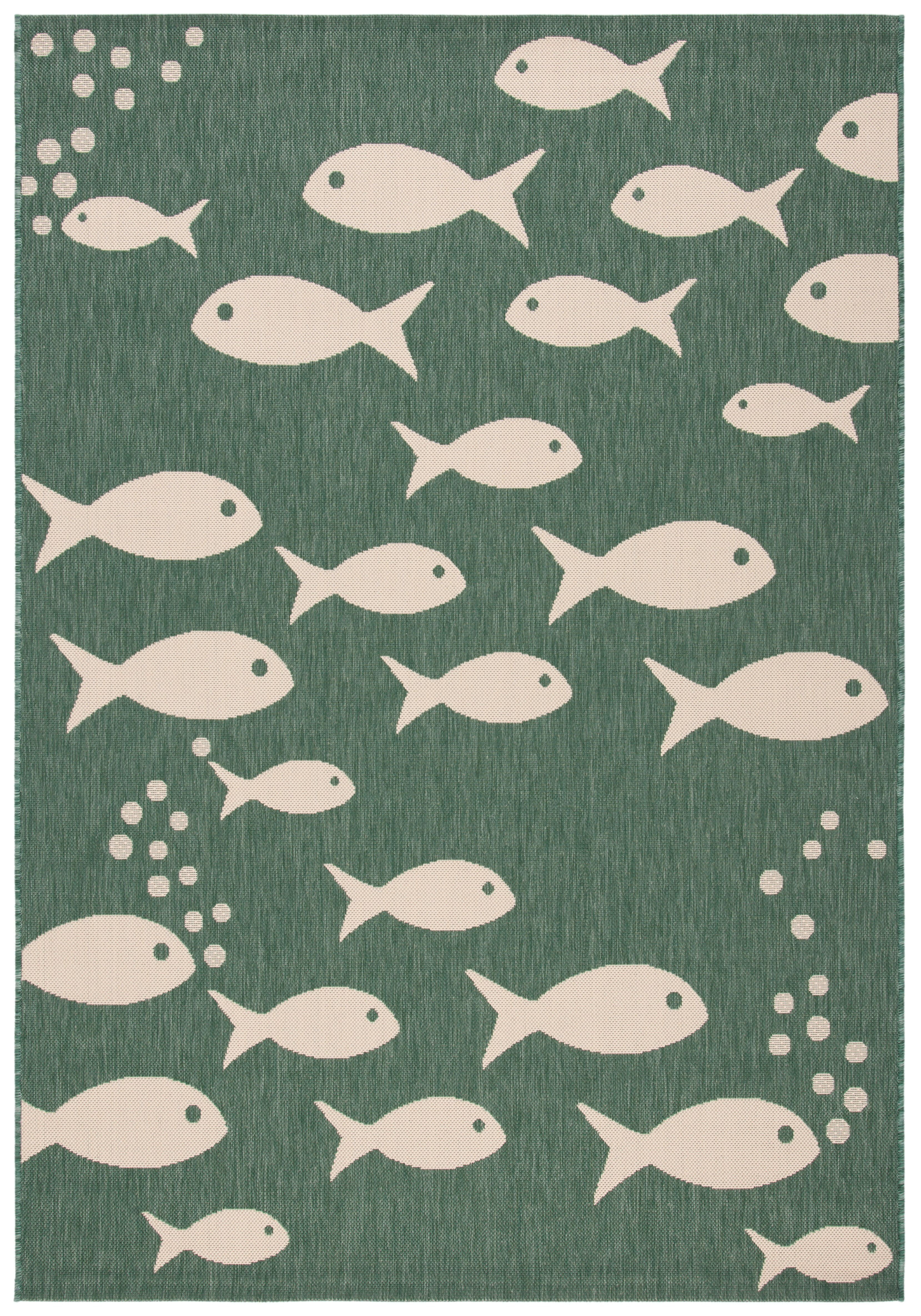 Dark Green and Ivory Fish Pattern Rectangular Synthetic Rug, 9' x 12'