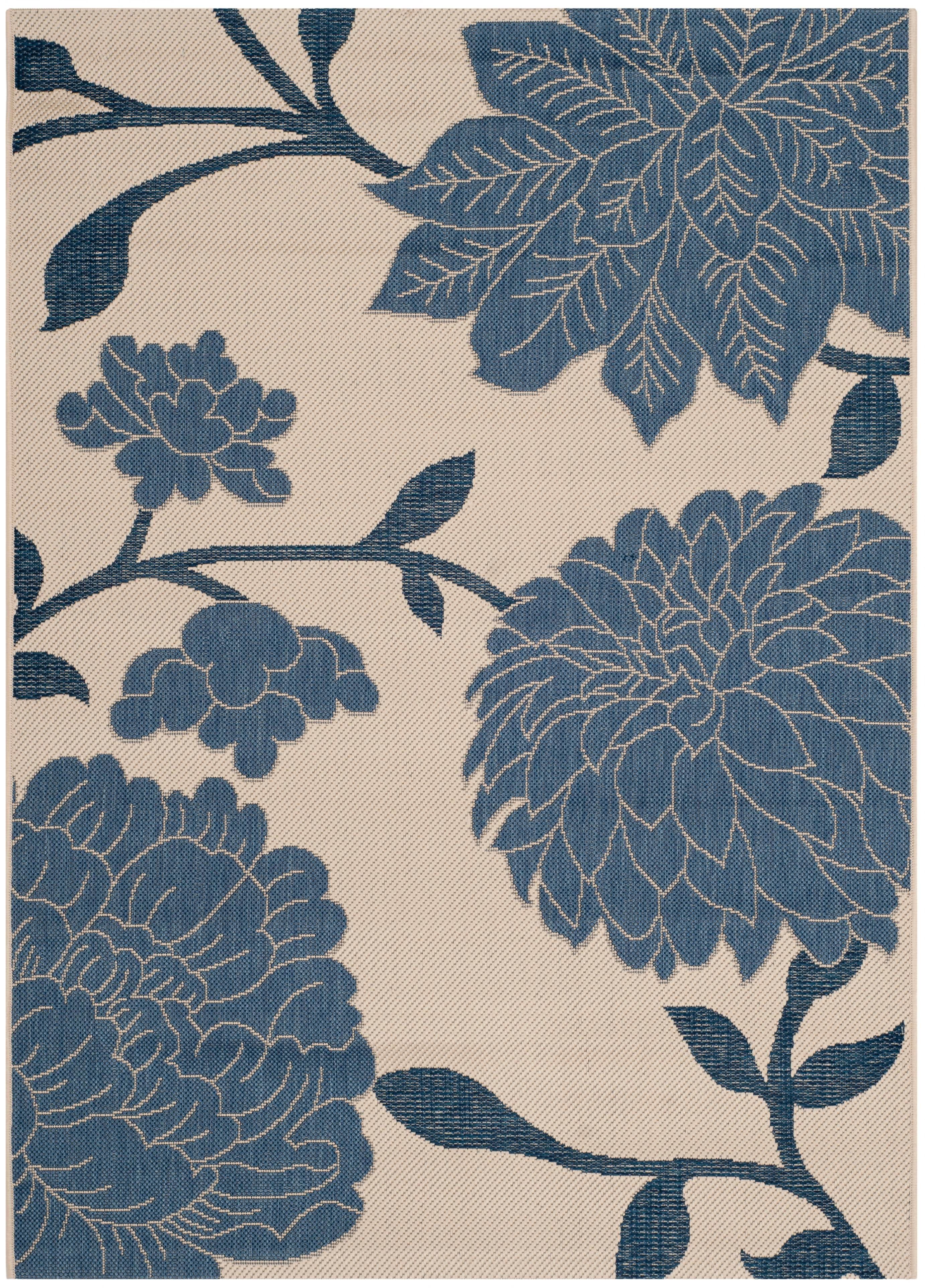 Beige and Blue Floral Synthetic 5' x 7' Area Rug