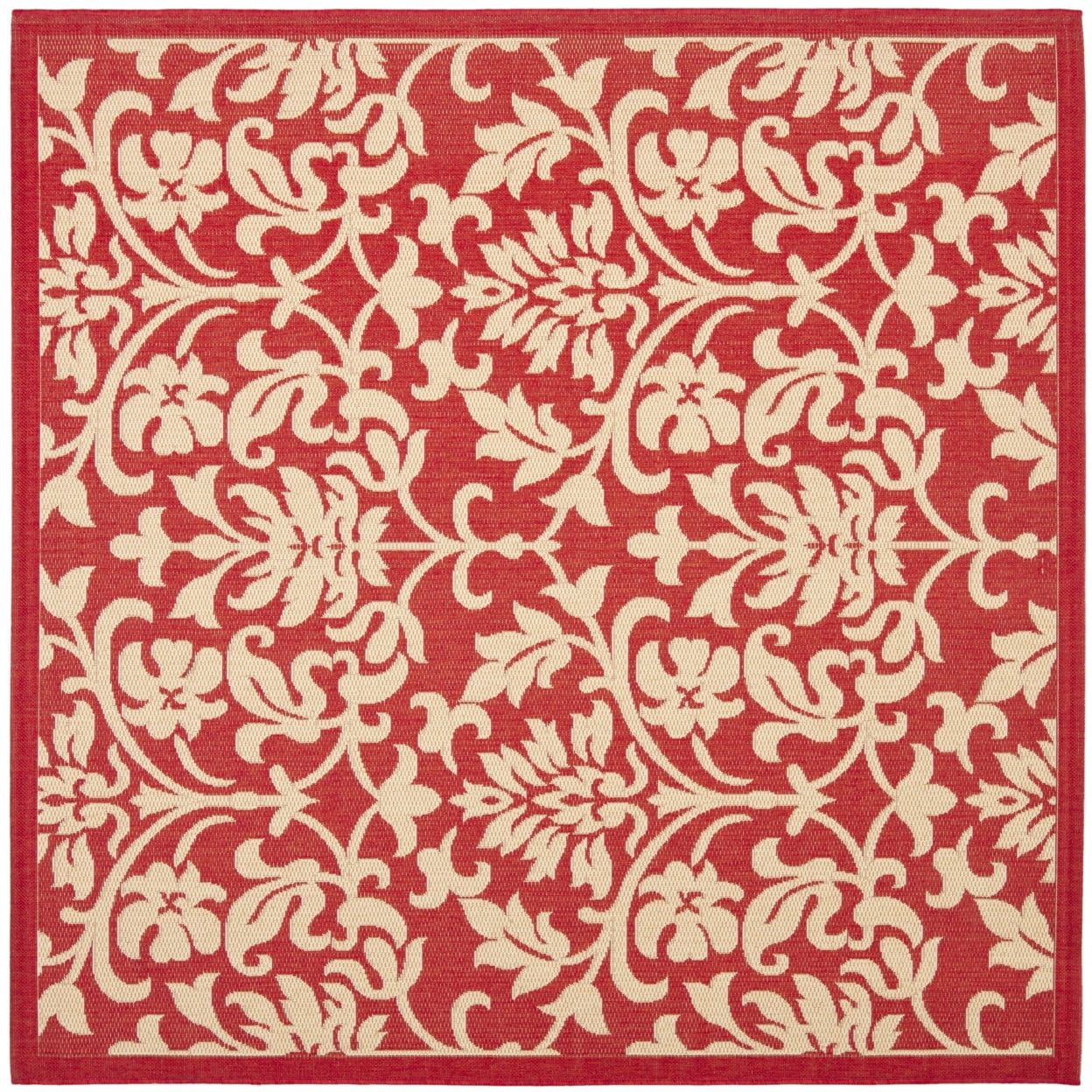 Red and Natural Square Stain-Resistant Outdoor Area Rug