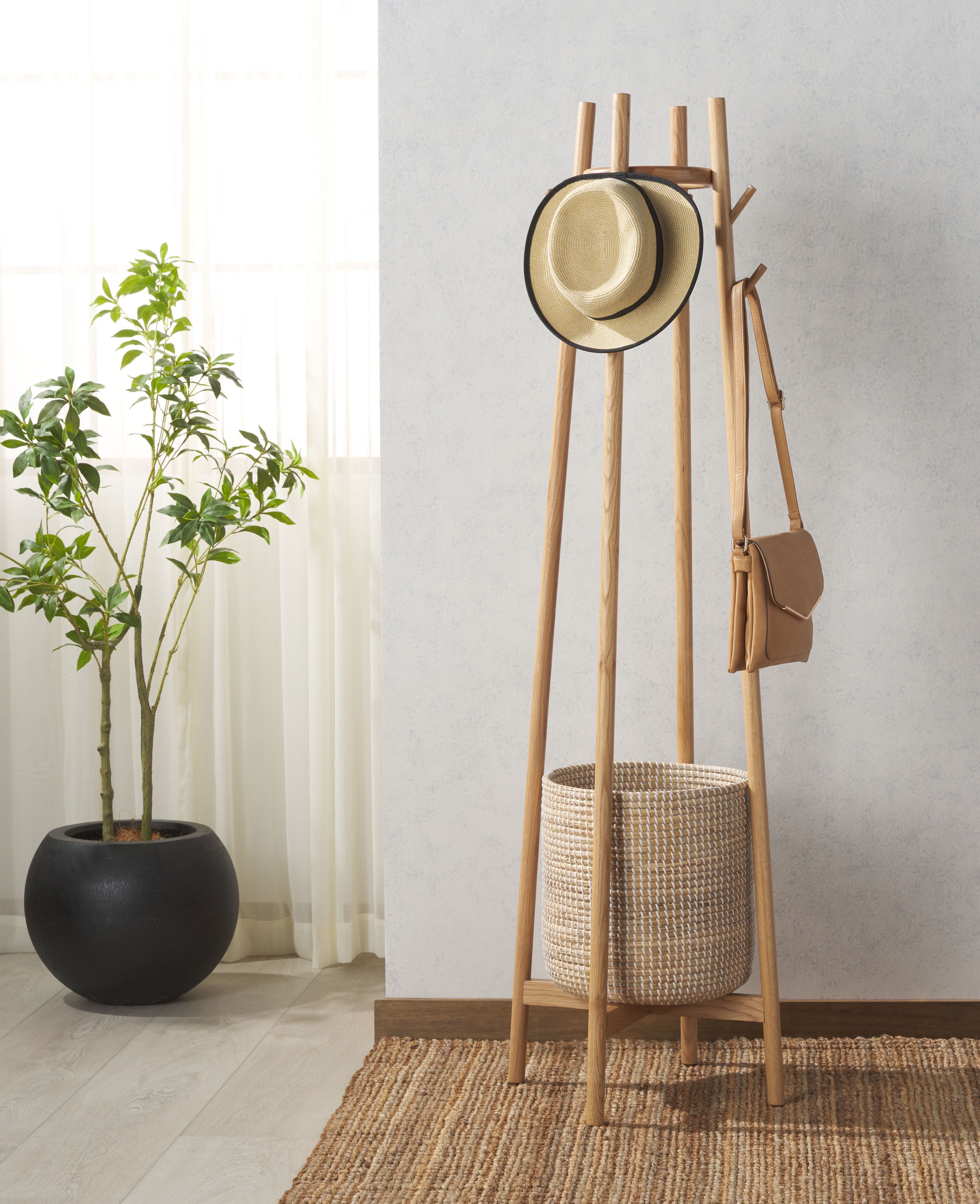 Natural Oak Coat Rack with Woven Basket and Eight Hooks