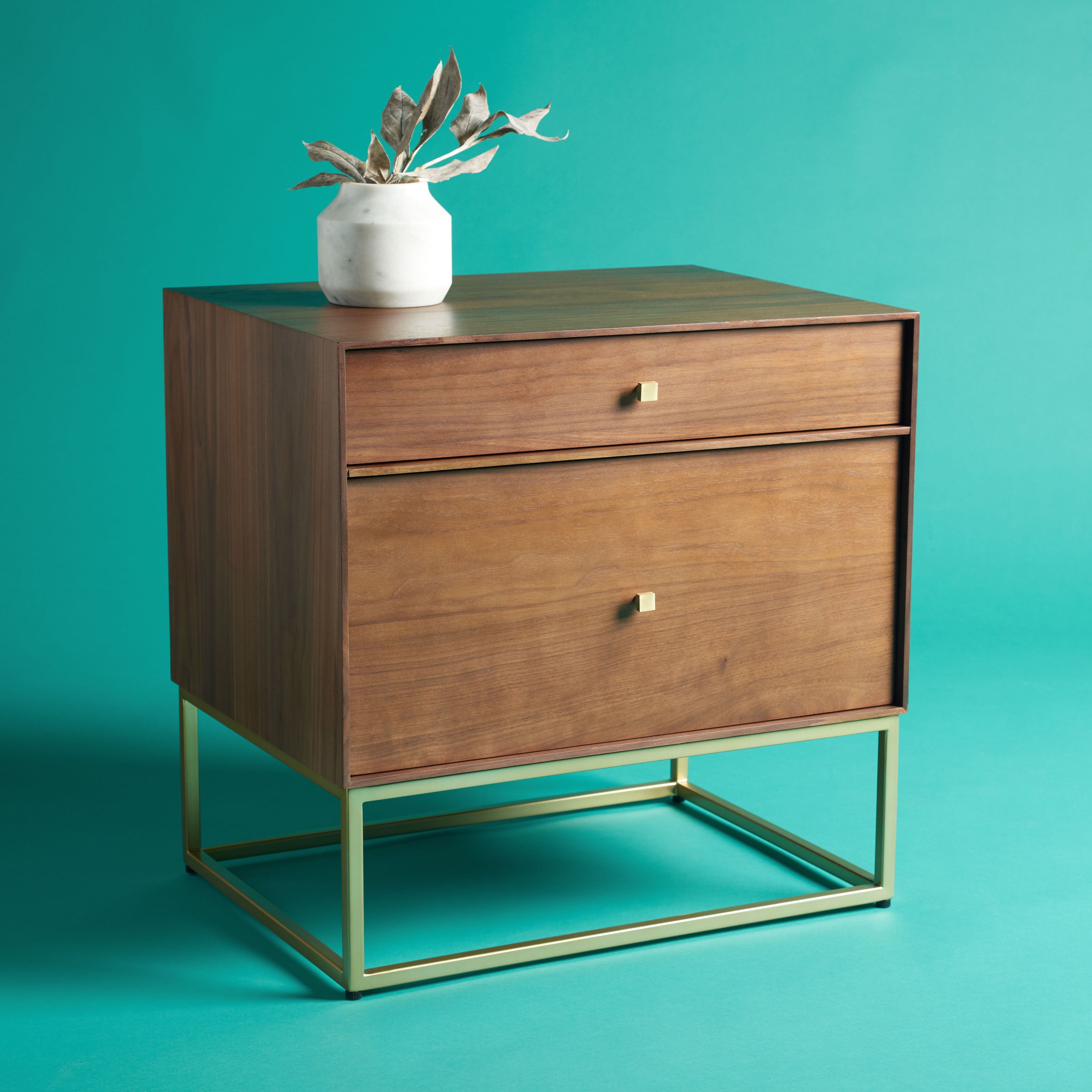 Adelyn Glam Walnut & Gold 2-Drawer Nightstand