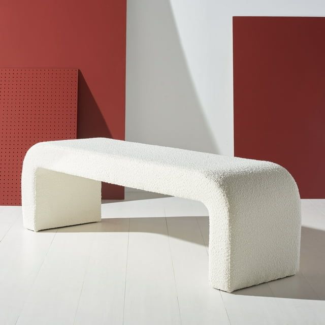 Ivory Boucle Upholstered Modern Bench with Rounded Corners
