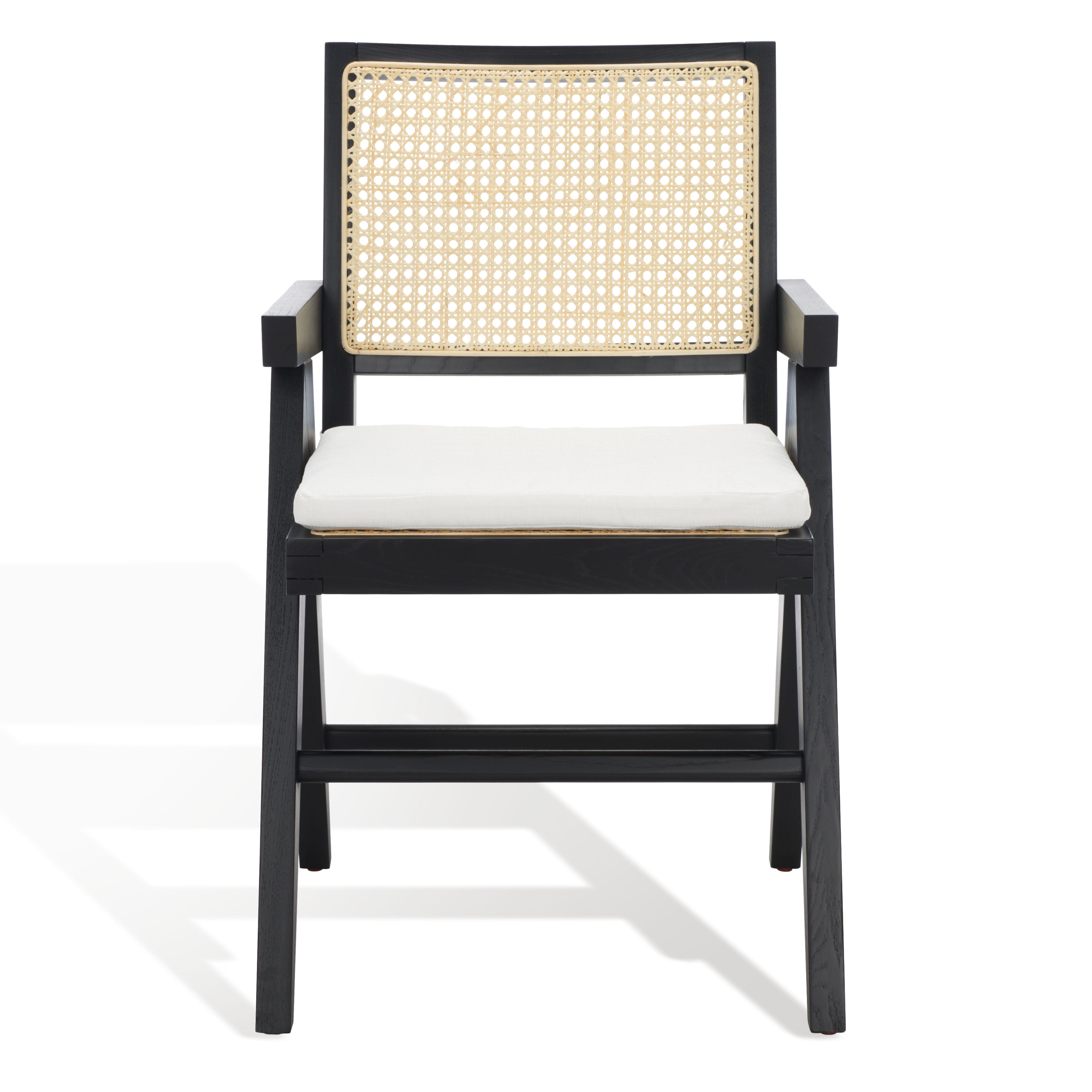 Colette Contemporary Black and Natural Ash Wood Rattan Dining Armchair