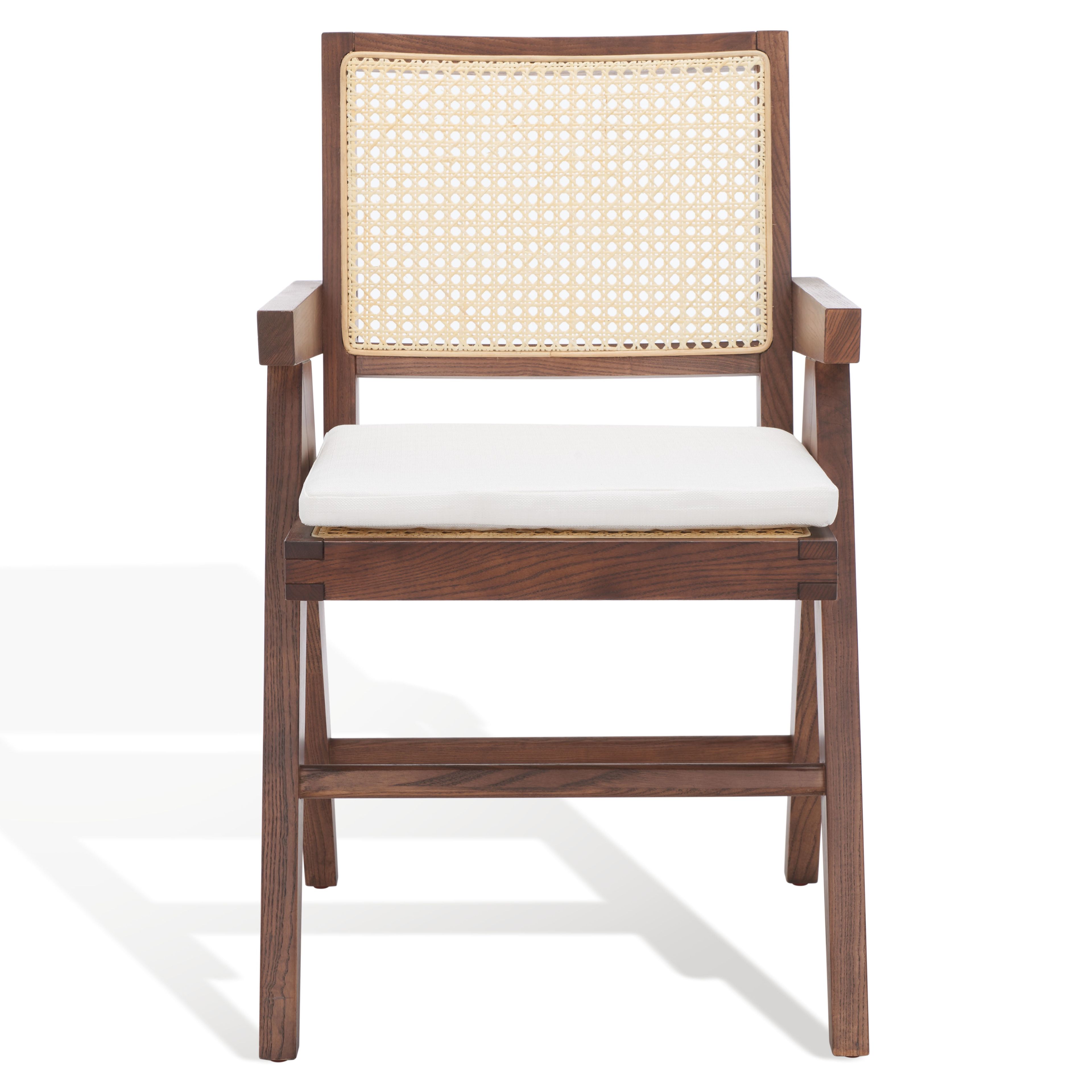 Walnut and Natural Solid Wood Rattan Armchair with White Cushion