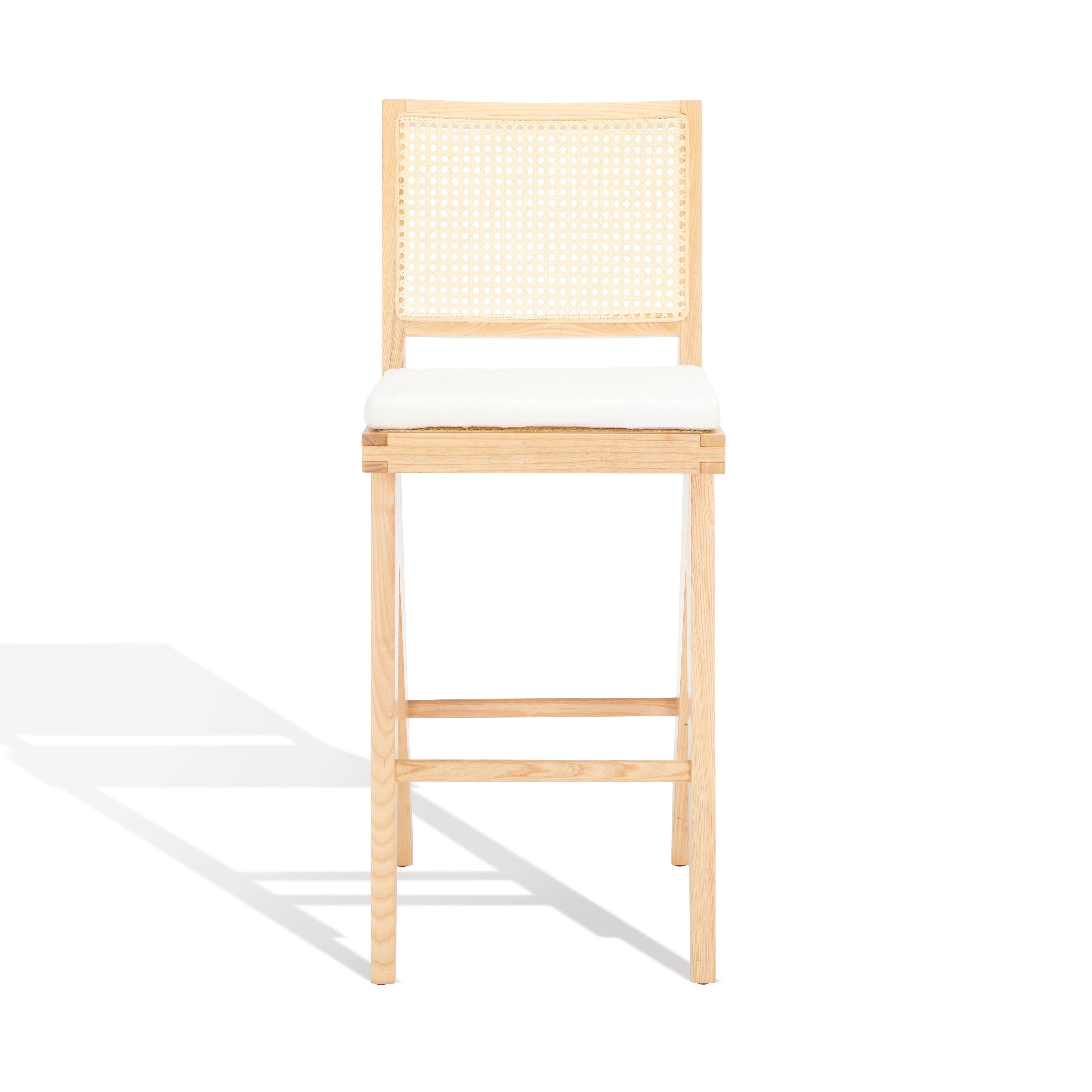 Natural Ash Wood and Rattan Bar Stool with White Cushion