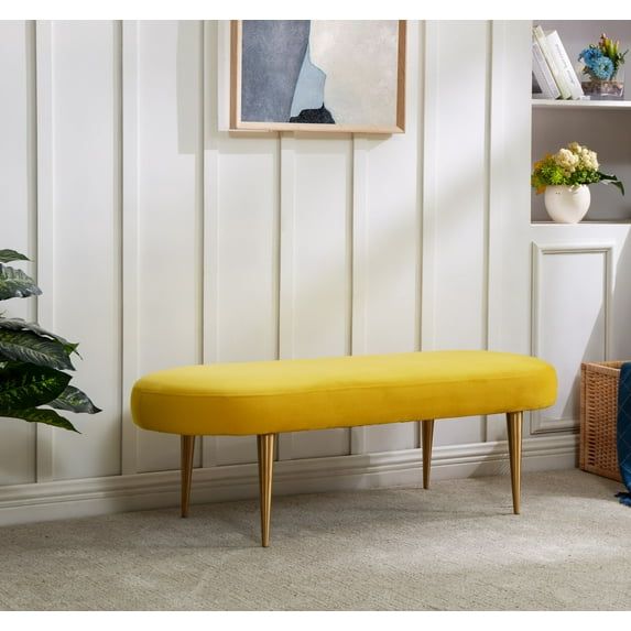 Corinne Marigold Velvet Oval Bench with Gold Legs