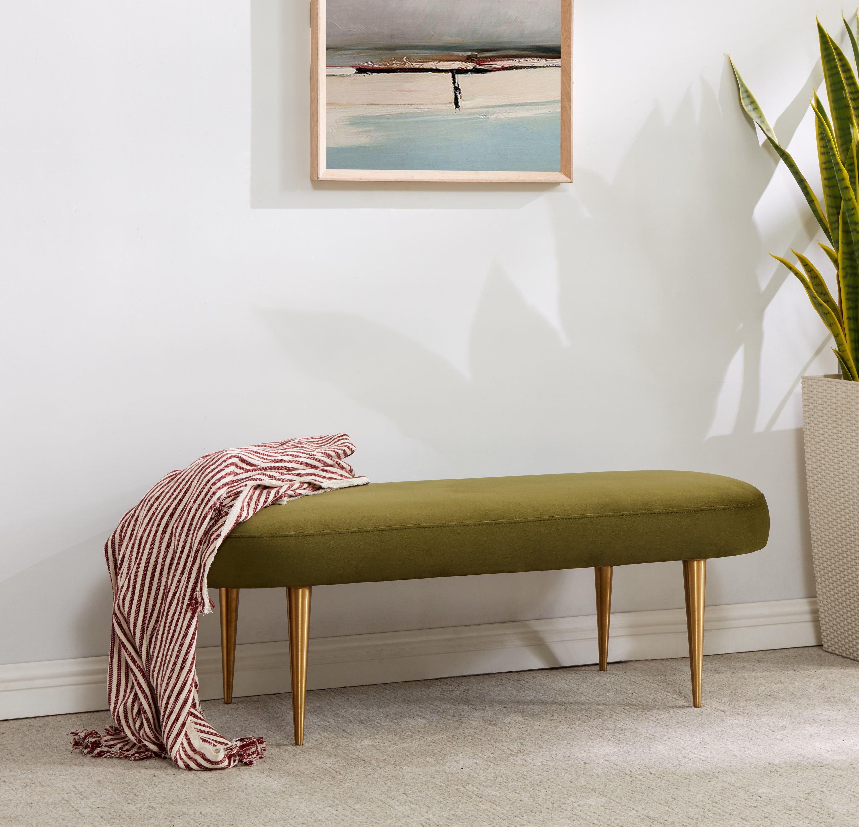Corinne Olive Green Velvet Oval Bench with Gold Legs