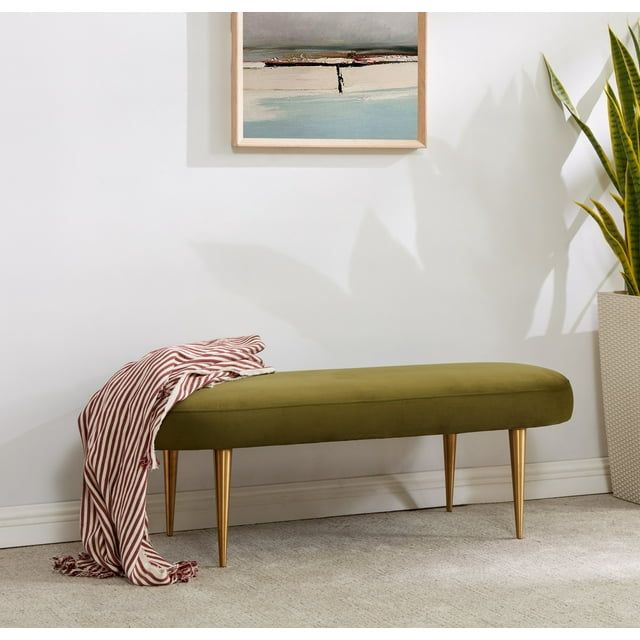 Corinne Olive Green Velvet Oval Bench with Gold Legs