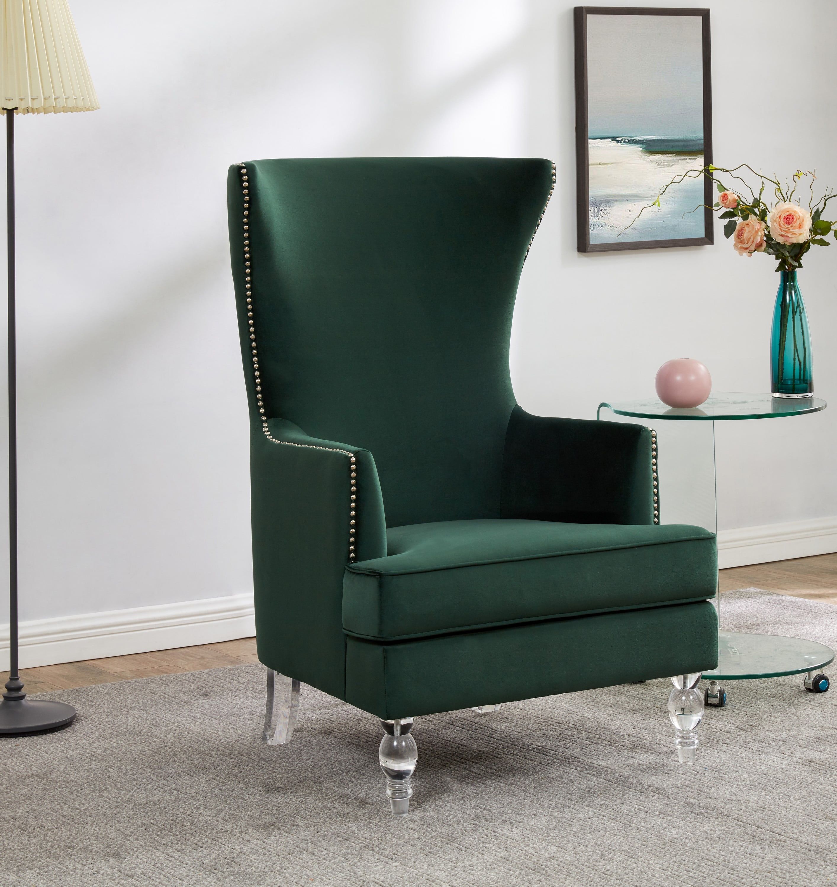 Forest Green Velvet Wingback Chair with Acrylic Legs