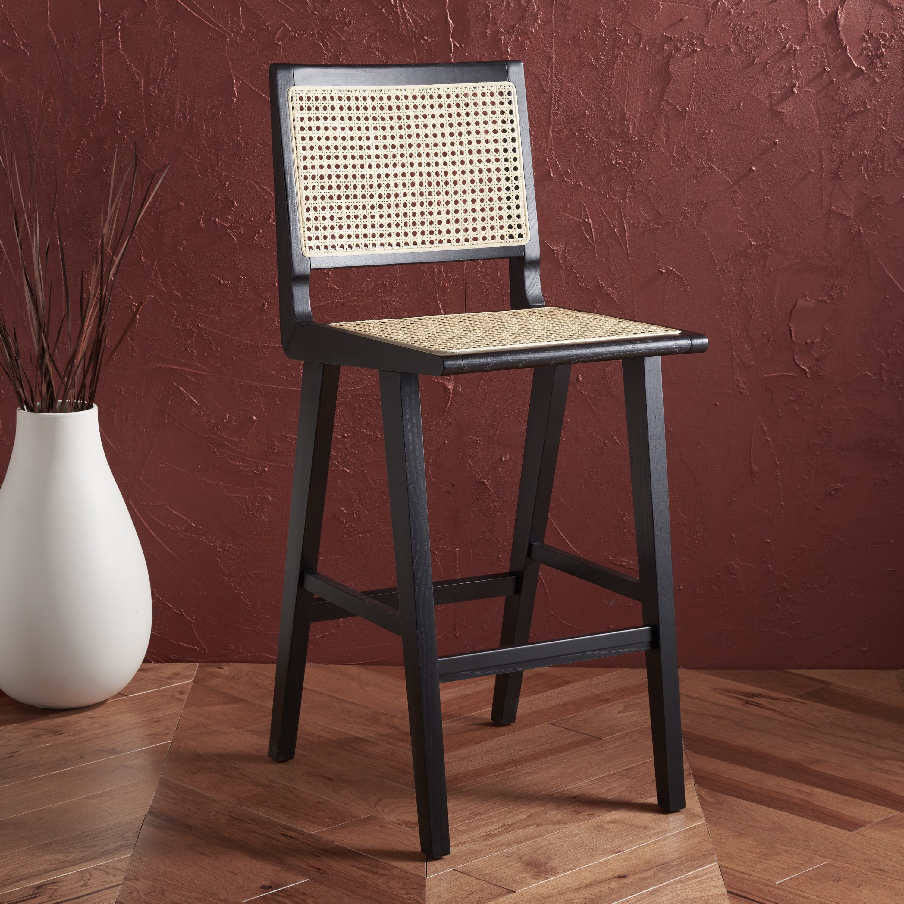 Hattie Black and Natural Wood Bar Stool with Rattan Back