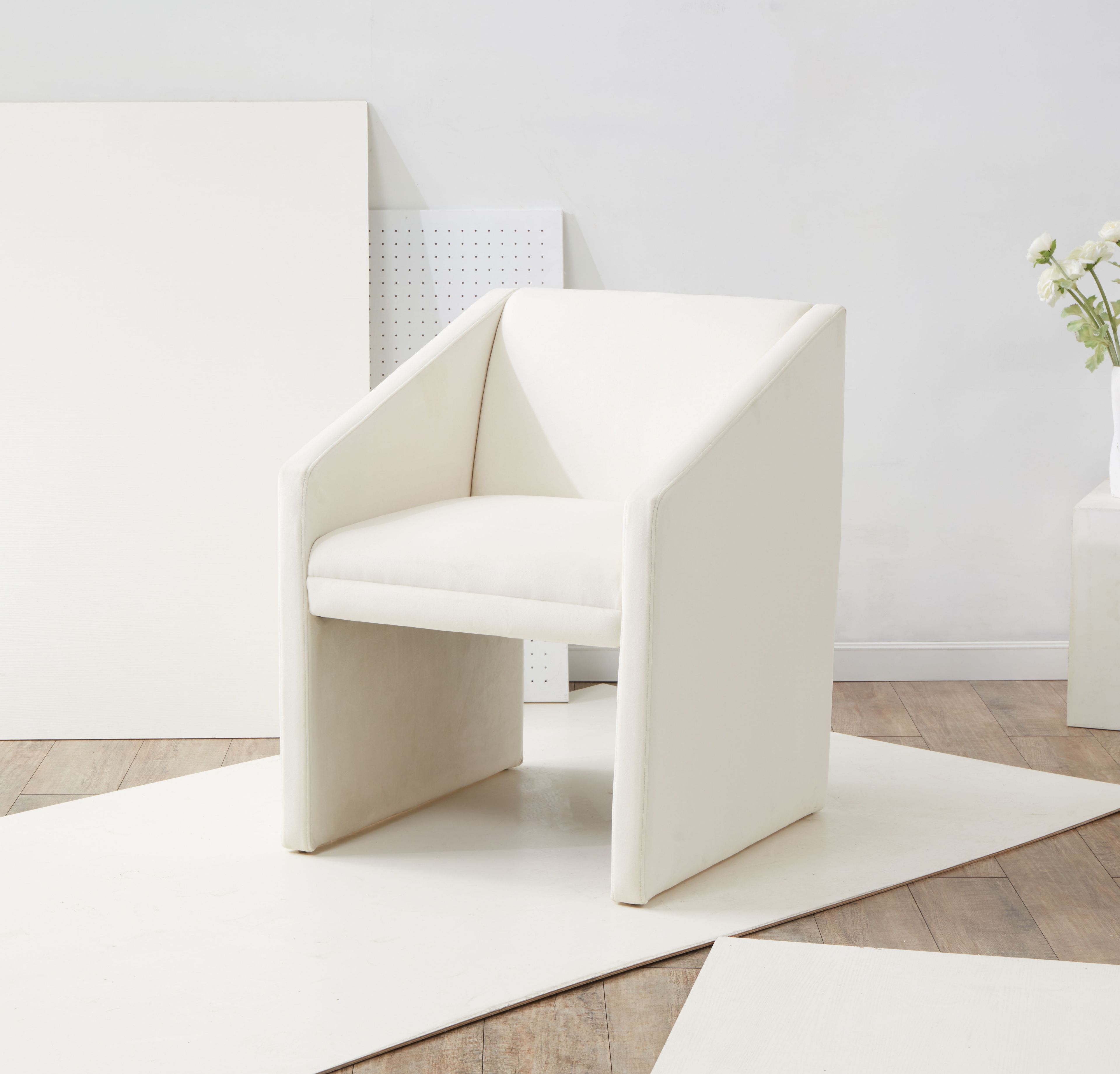 Ivory Velvet Modern Armchair with Cut-Out Back