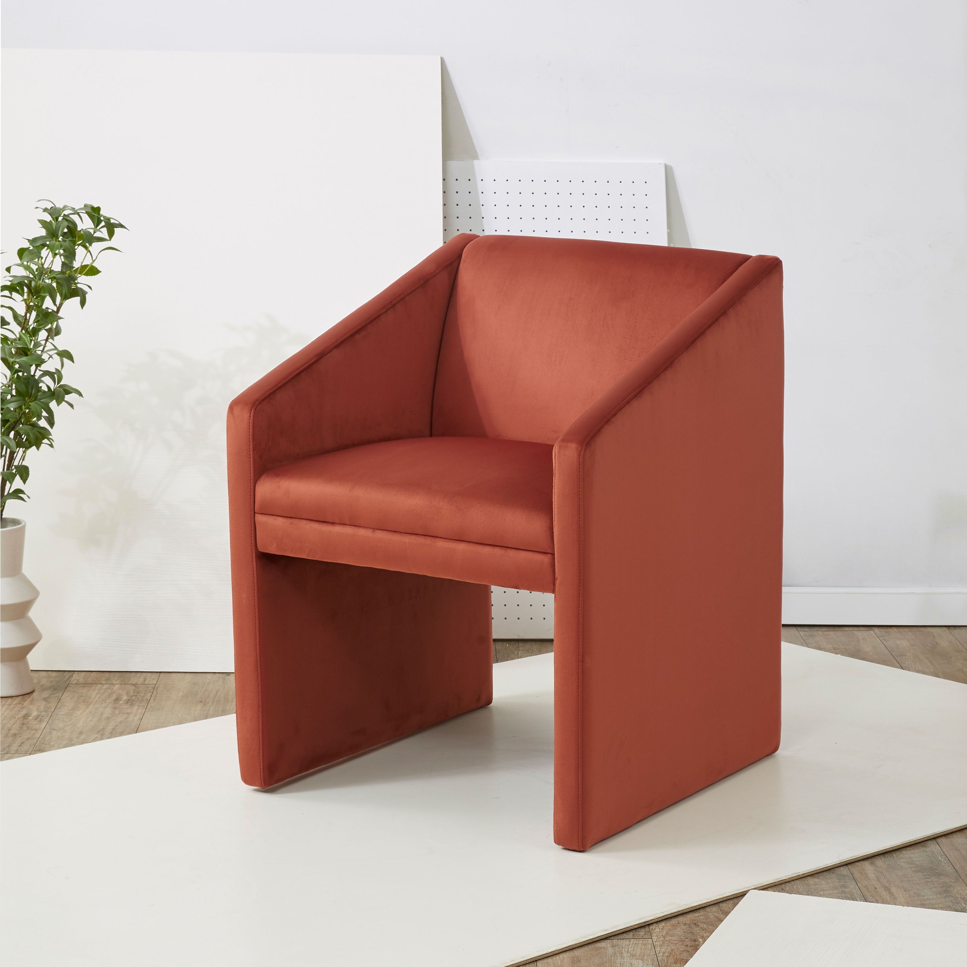 Rust Velvet Modern Armchair with Cut-Out Back