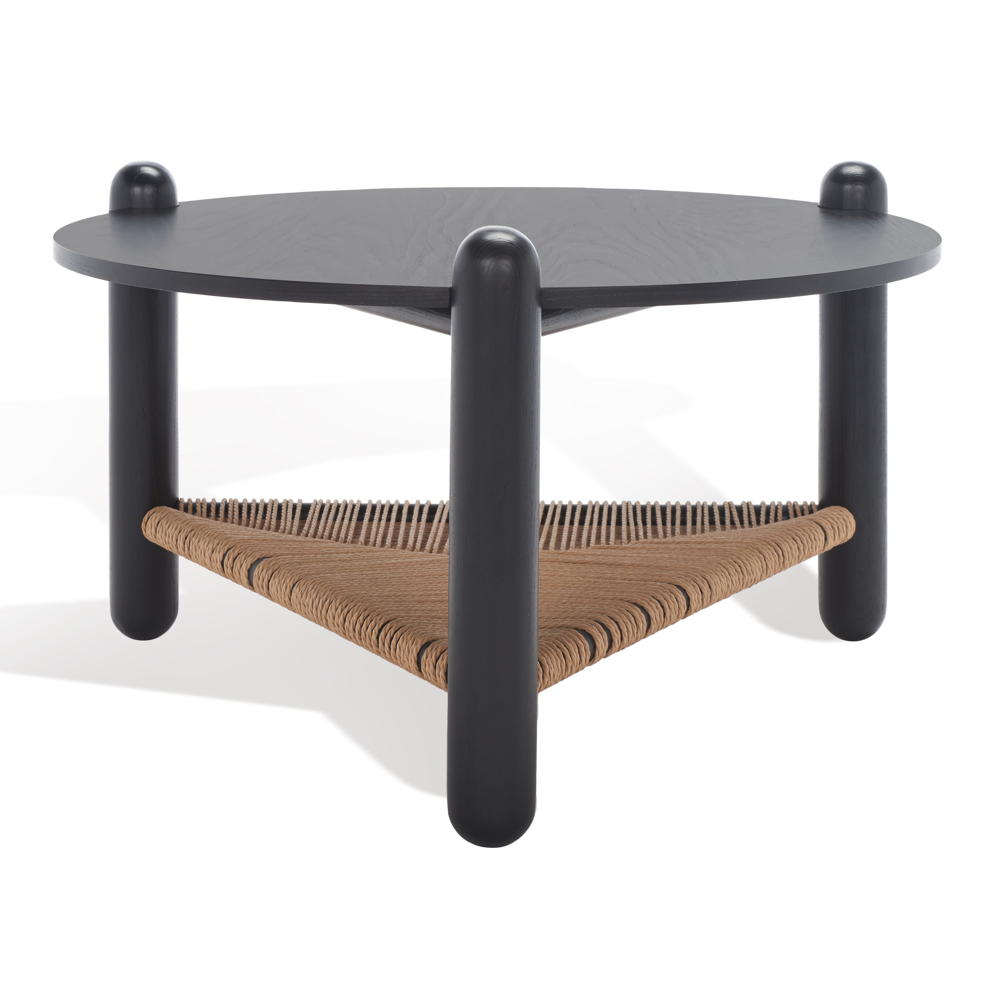 Round Black Ash Wood Coffee Table with Storage Shelf