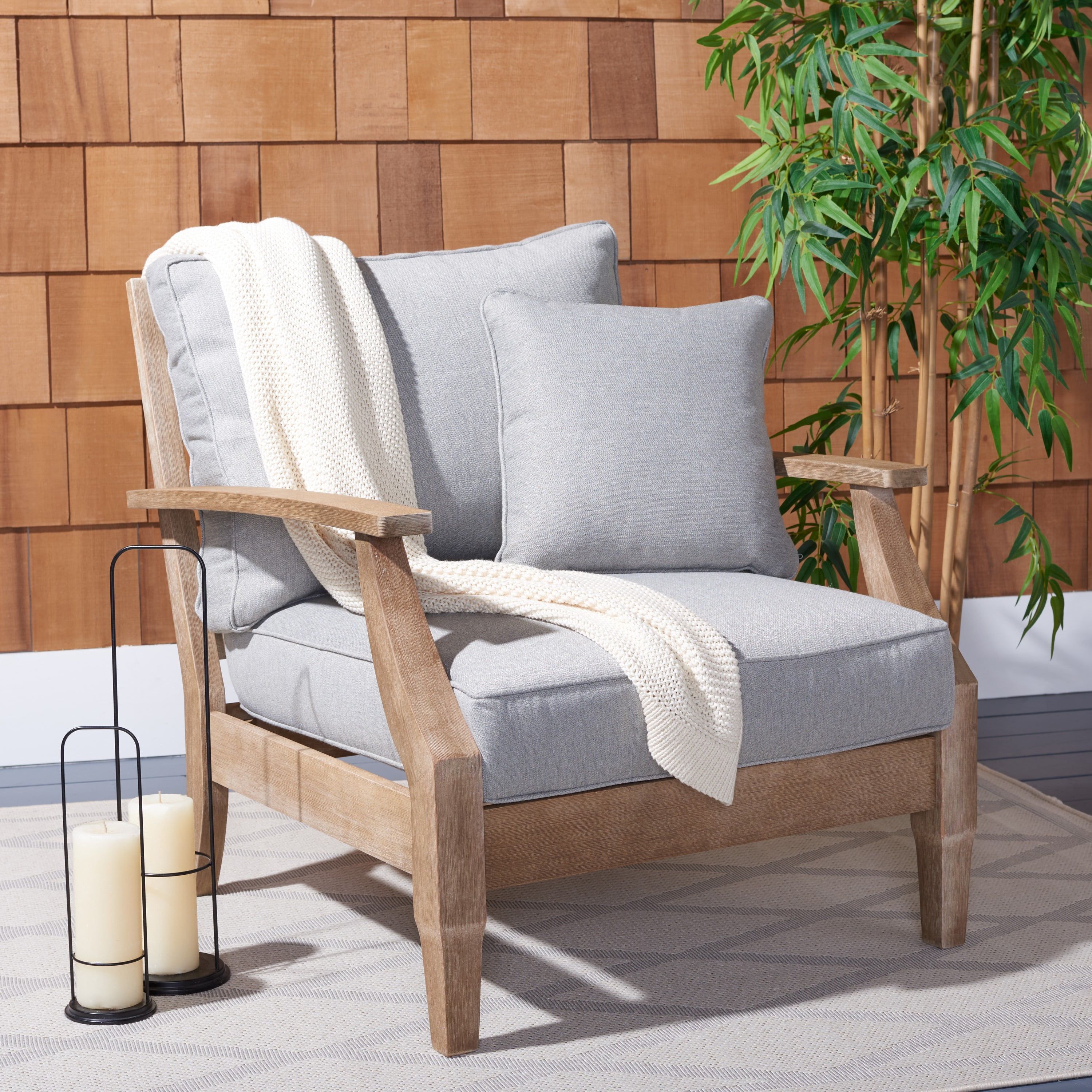 Natural Eucalyptus Wood Patio Armchair with Gray Cushions