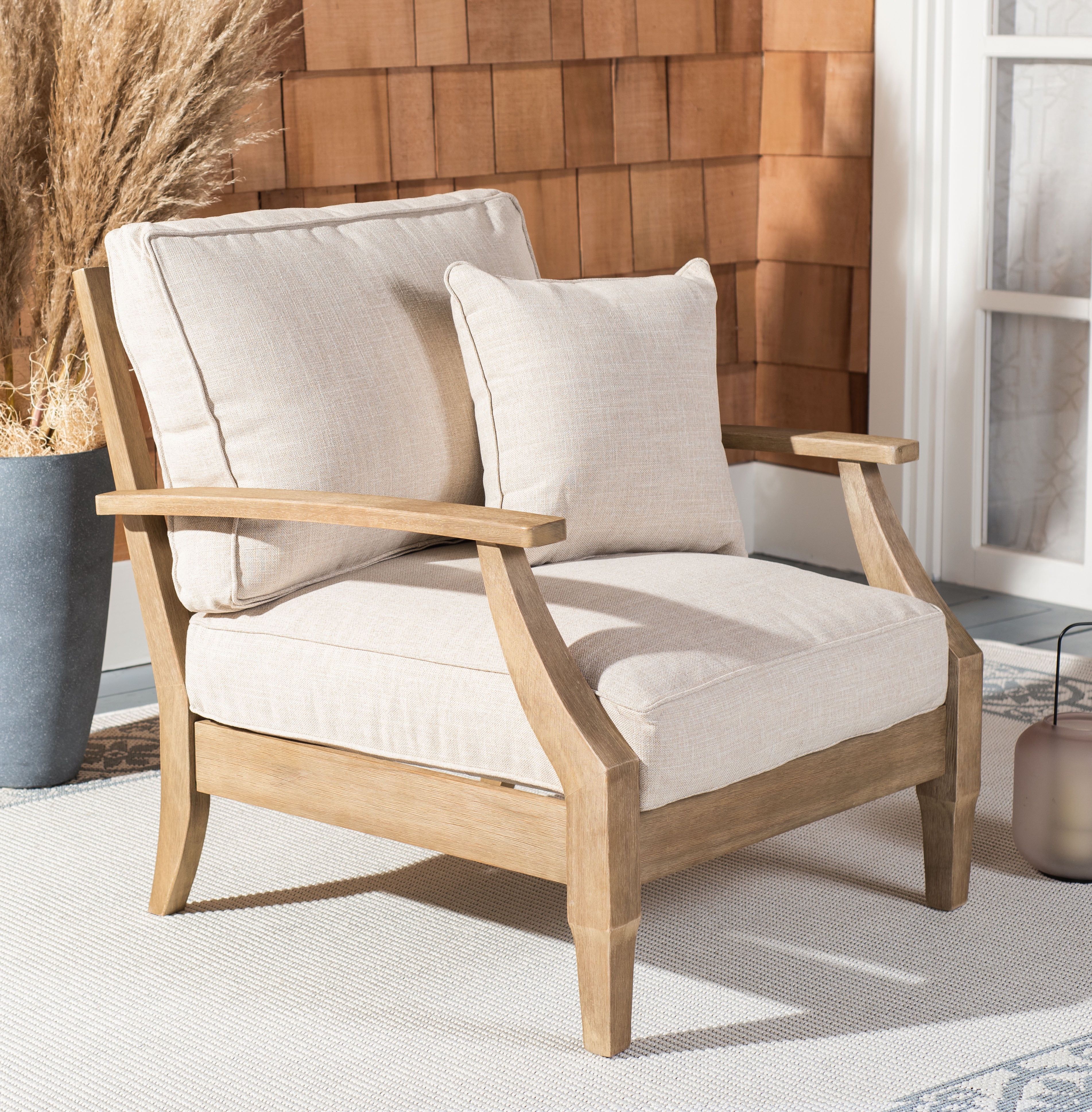 Natural Eucalyptus Wood and Beige Upholstered Patio Armchair