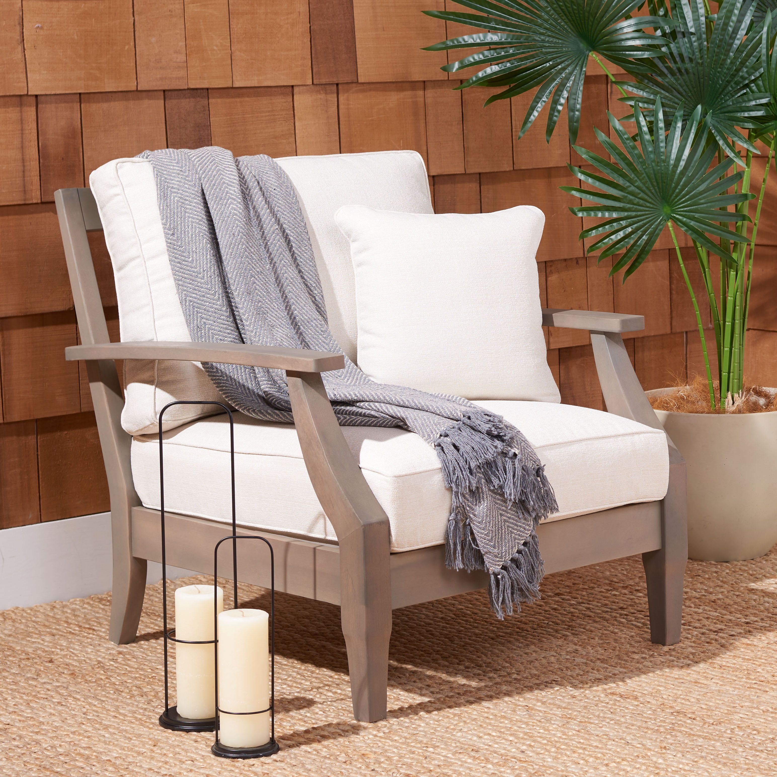 Light Grey and Beige Eucalyptus Wood Patio Armchair