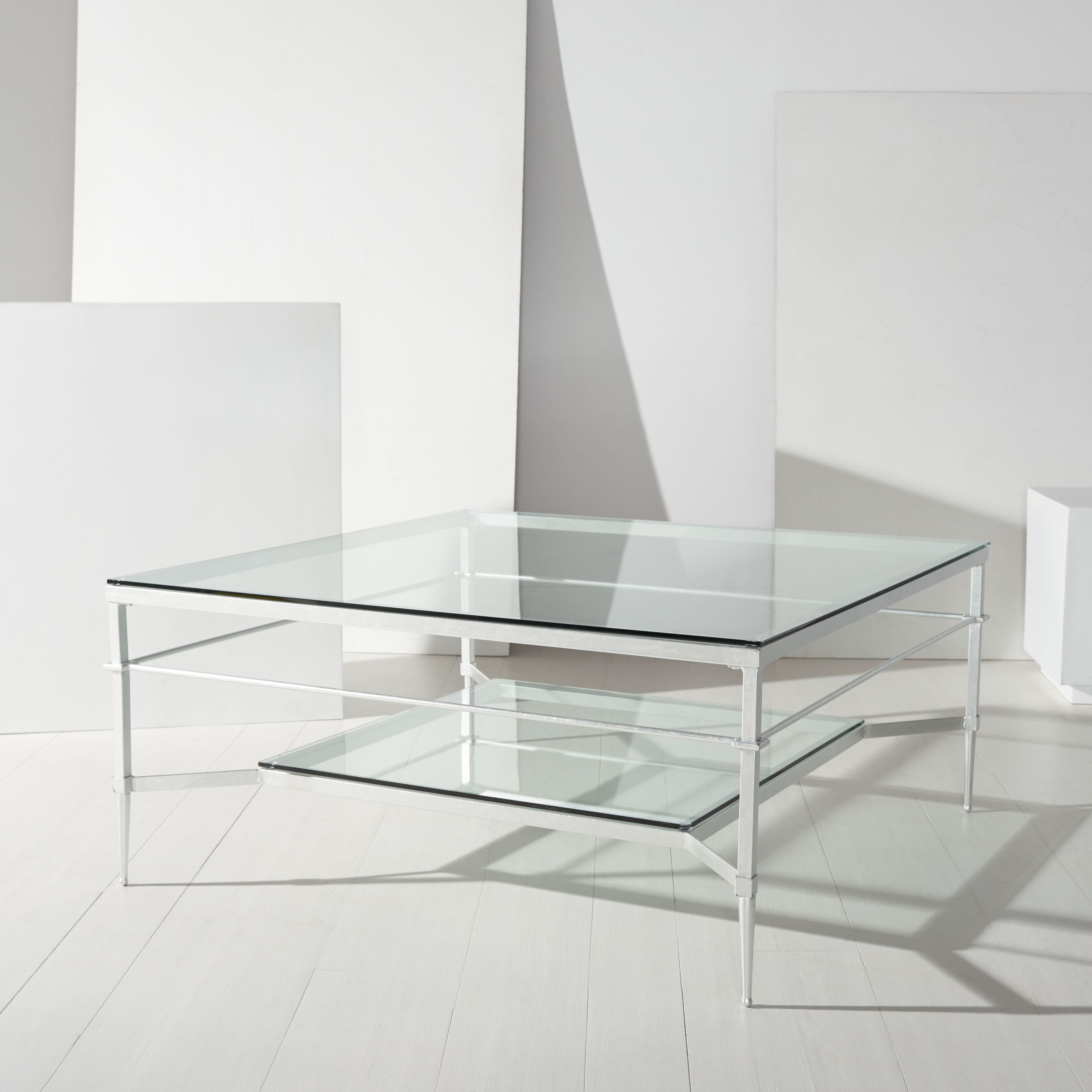 Mieka Silver Glass Coffee Table with Storage Shelf