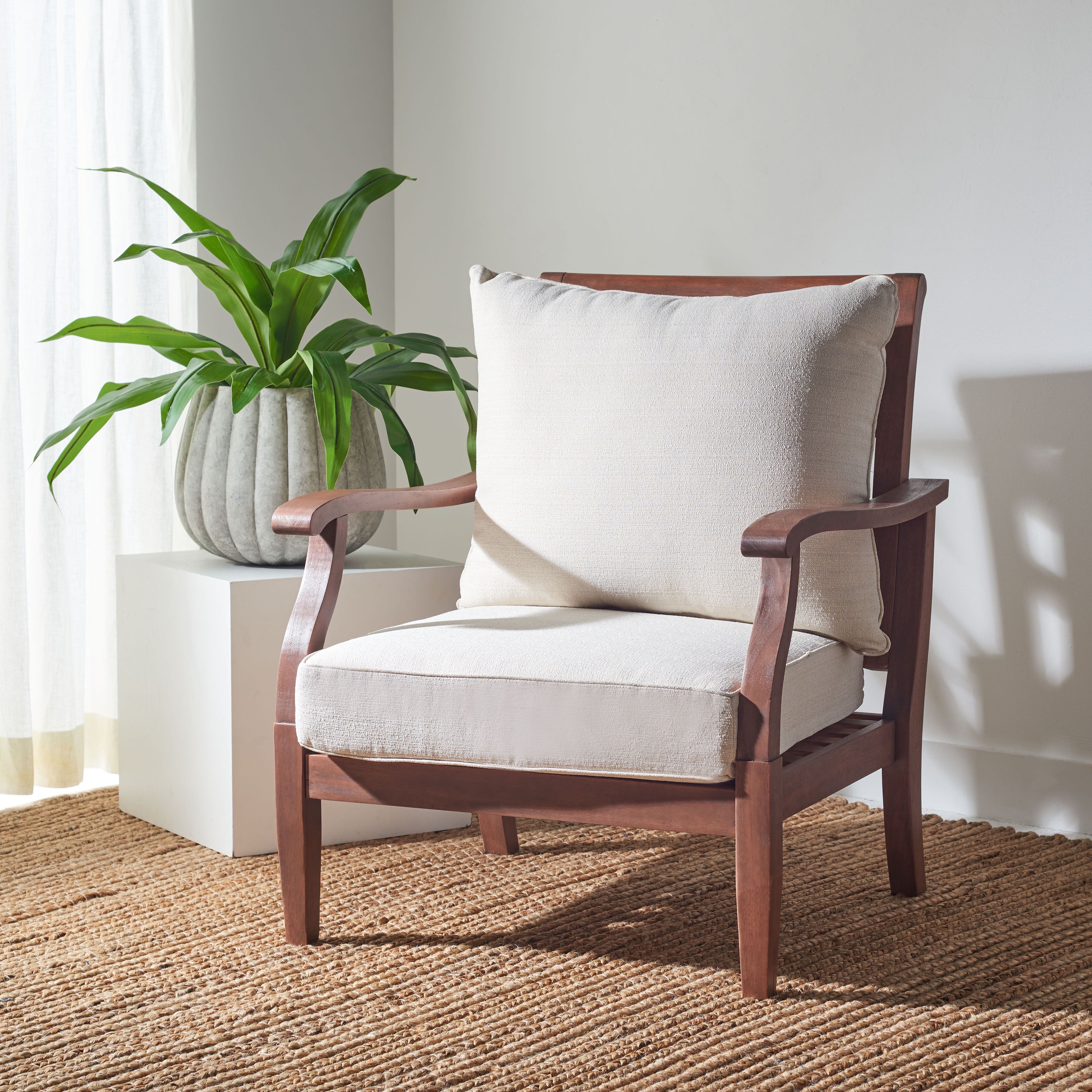 Beige Eucalyptus Wood Outdoor Accent Chair