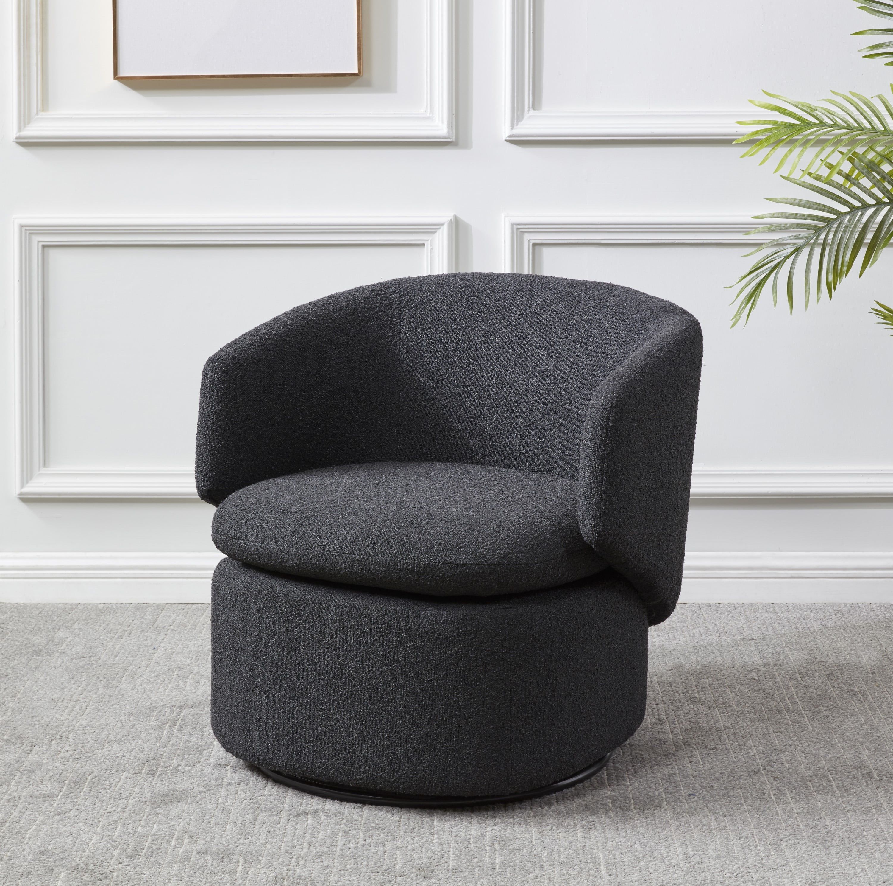 Elegant Black Boucle 31" Swivel Barrel Chair