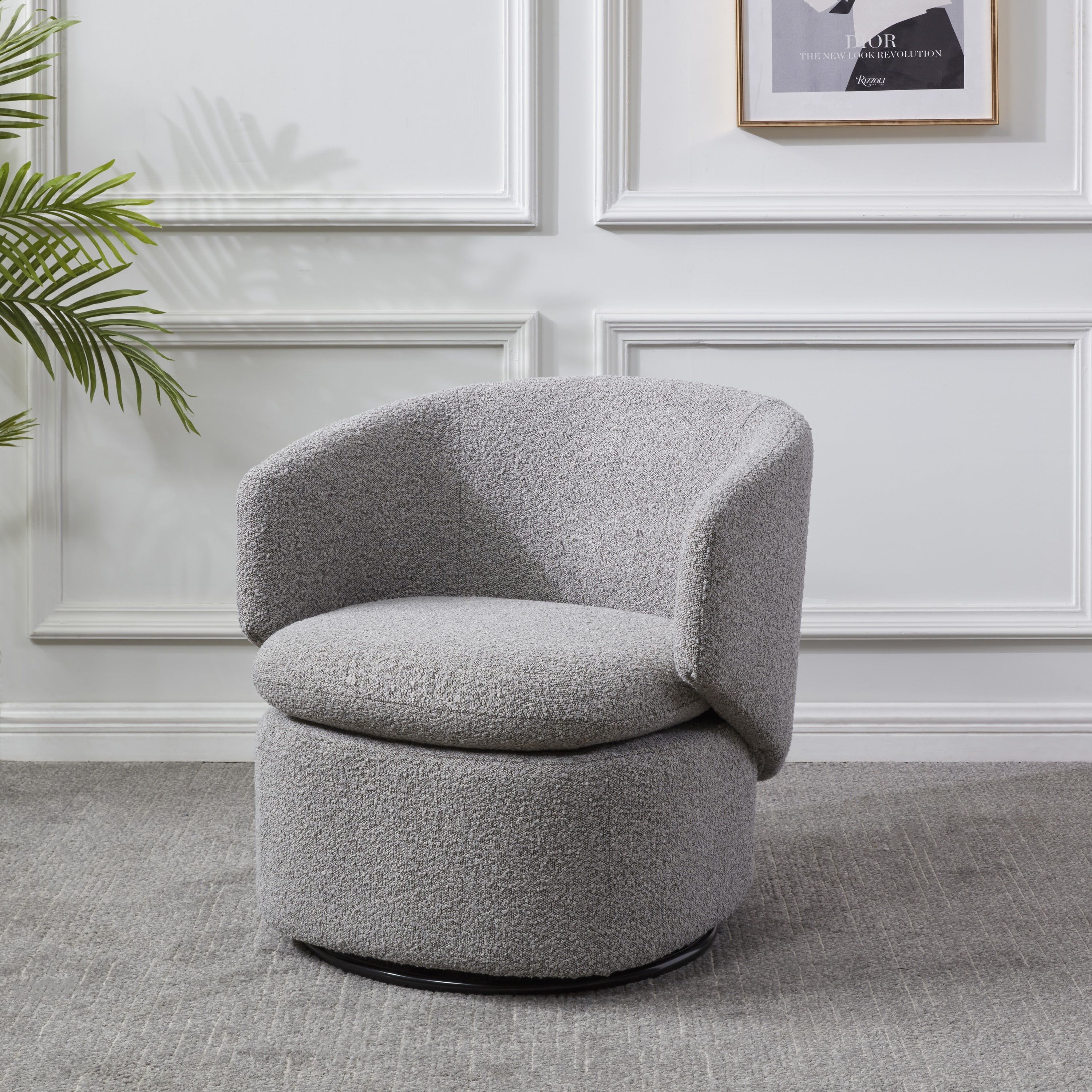 Elegant Gray Boucle 31" Wood Base Swivel Armchair