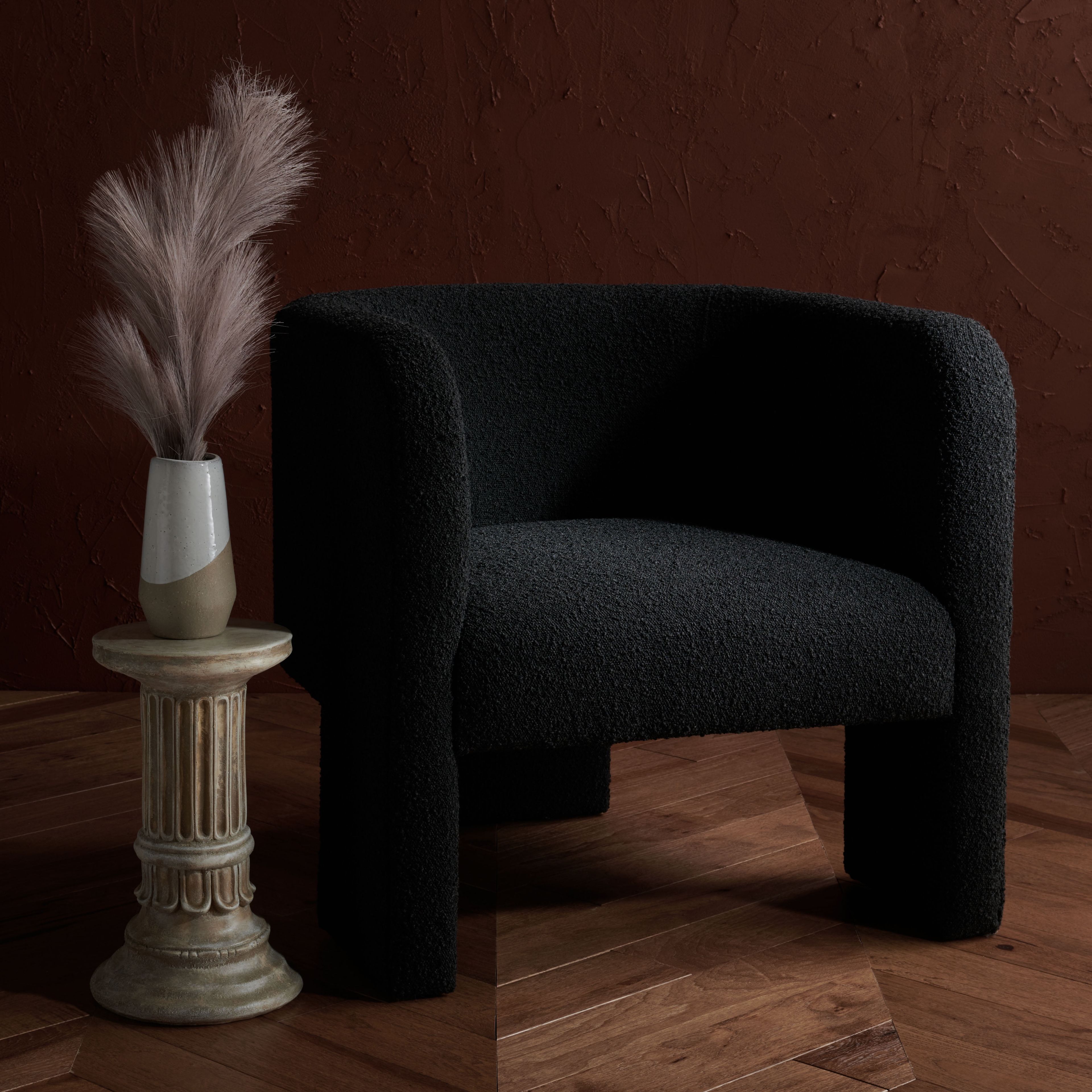 Sammie Black Boucle Barrel Accent Chair with Wood Legs