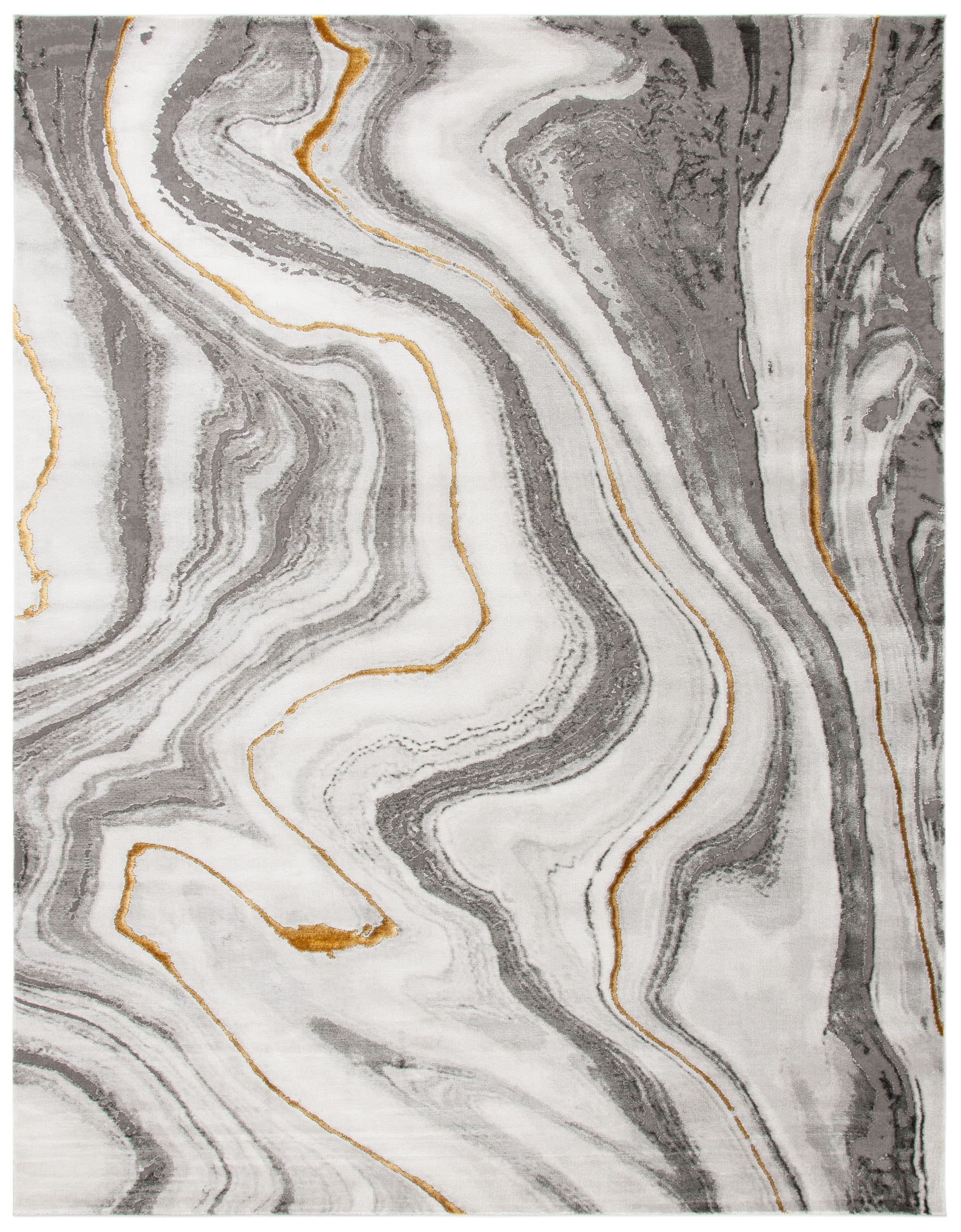 Elegant Grey and Gold Abstract Synthetic Area Rug, 12' x 18'