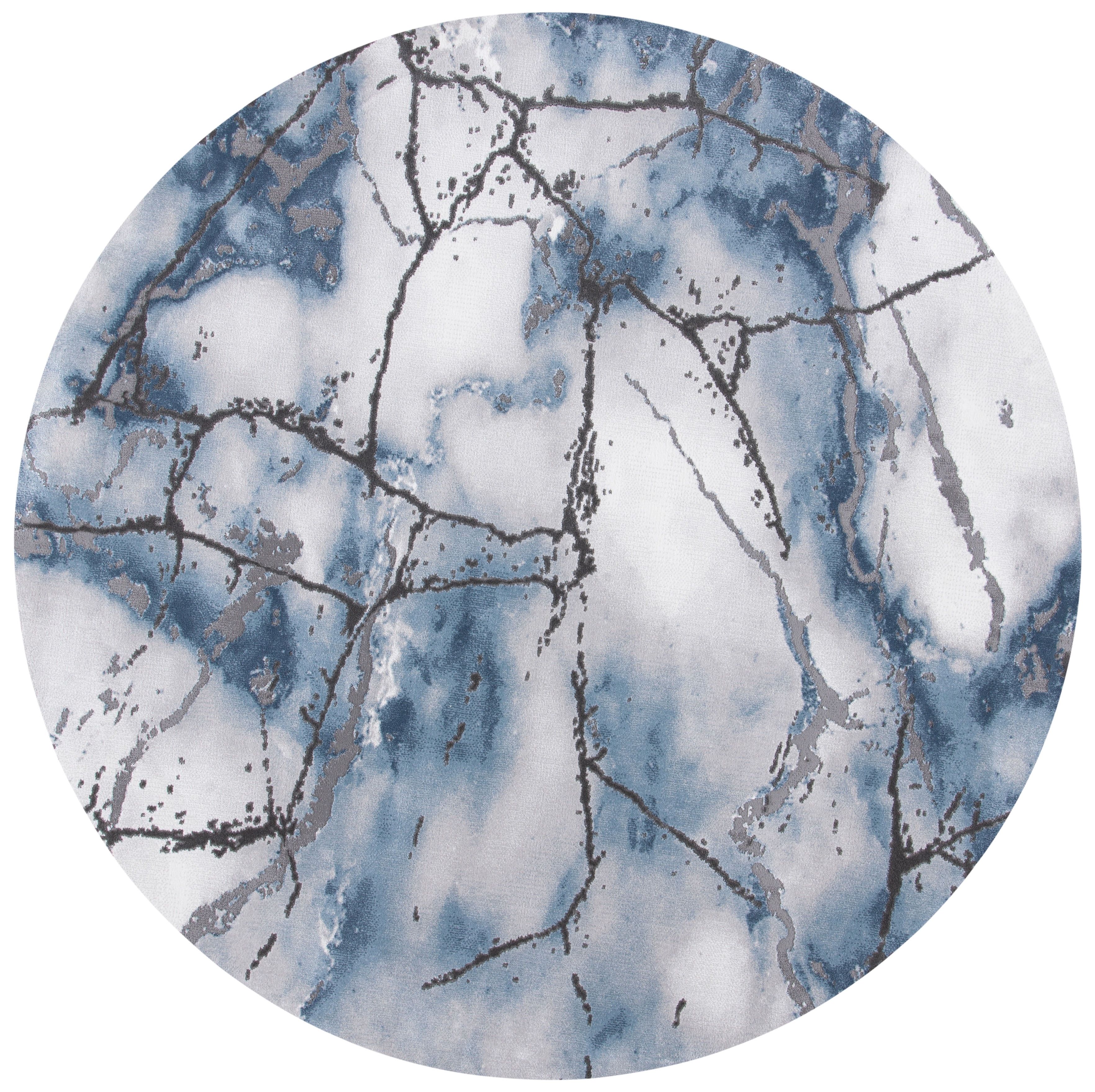 Gray and Blue Abstract Round Synthetic Rug, 10'