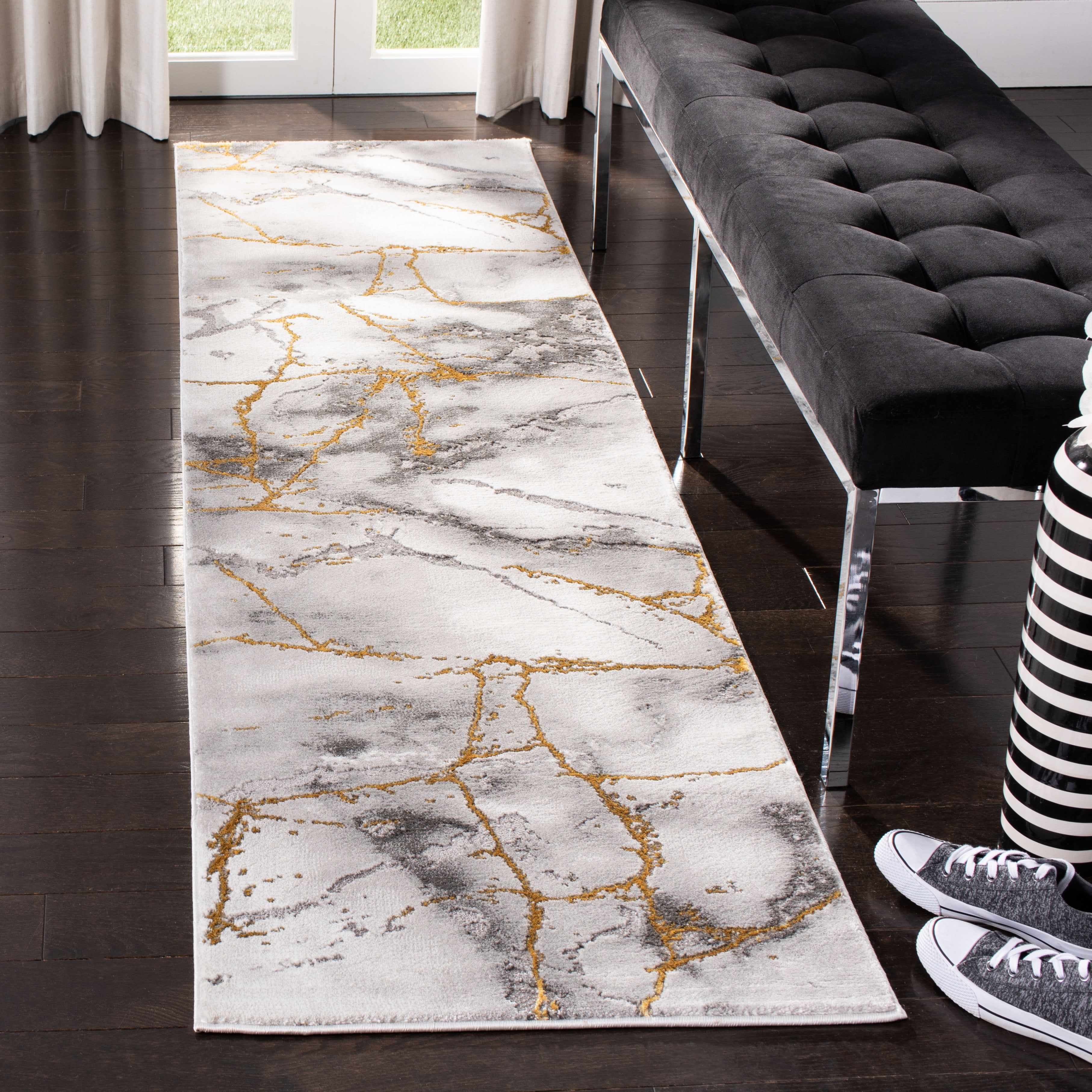 Elegant Abstract Gray and Gold 2' x 8' Synthetic Runner Rug