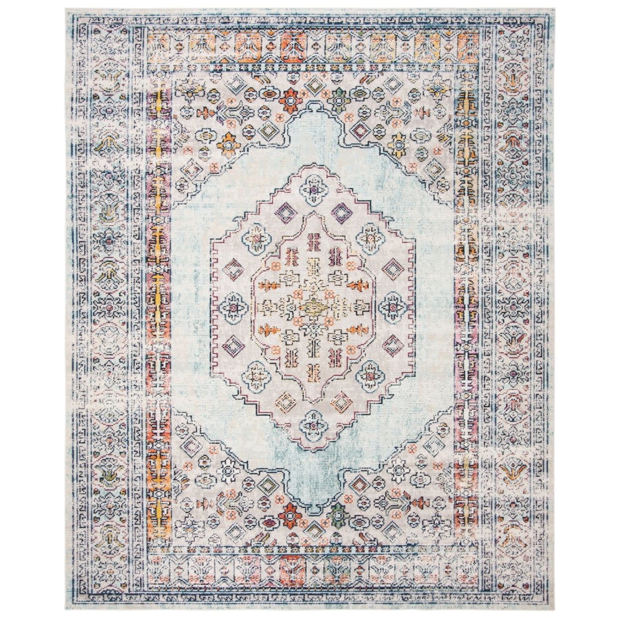 Blue and Grey Synthetic Oriental Round Rug