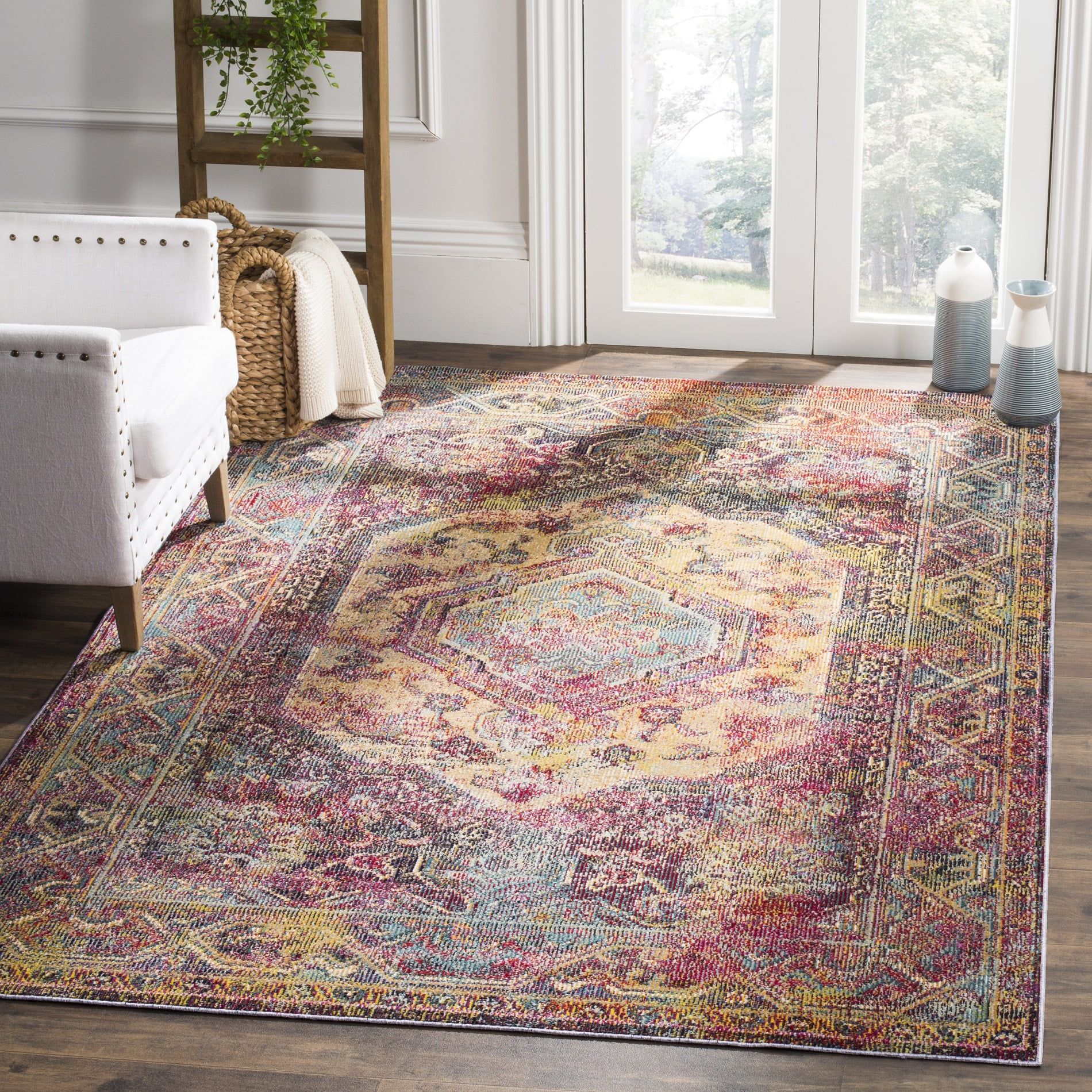 Reversible Oriental Synthetic Rug in Teal and Rose - Easy Care, 6'7" x 9'2"