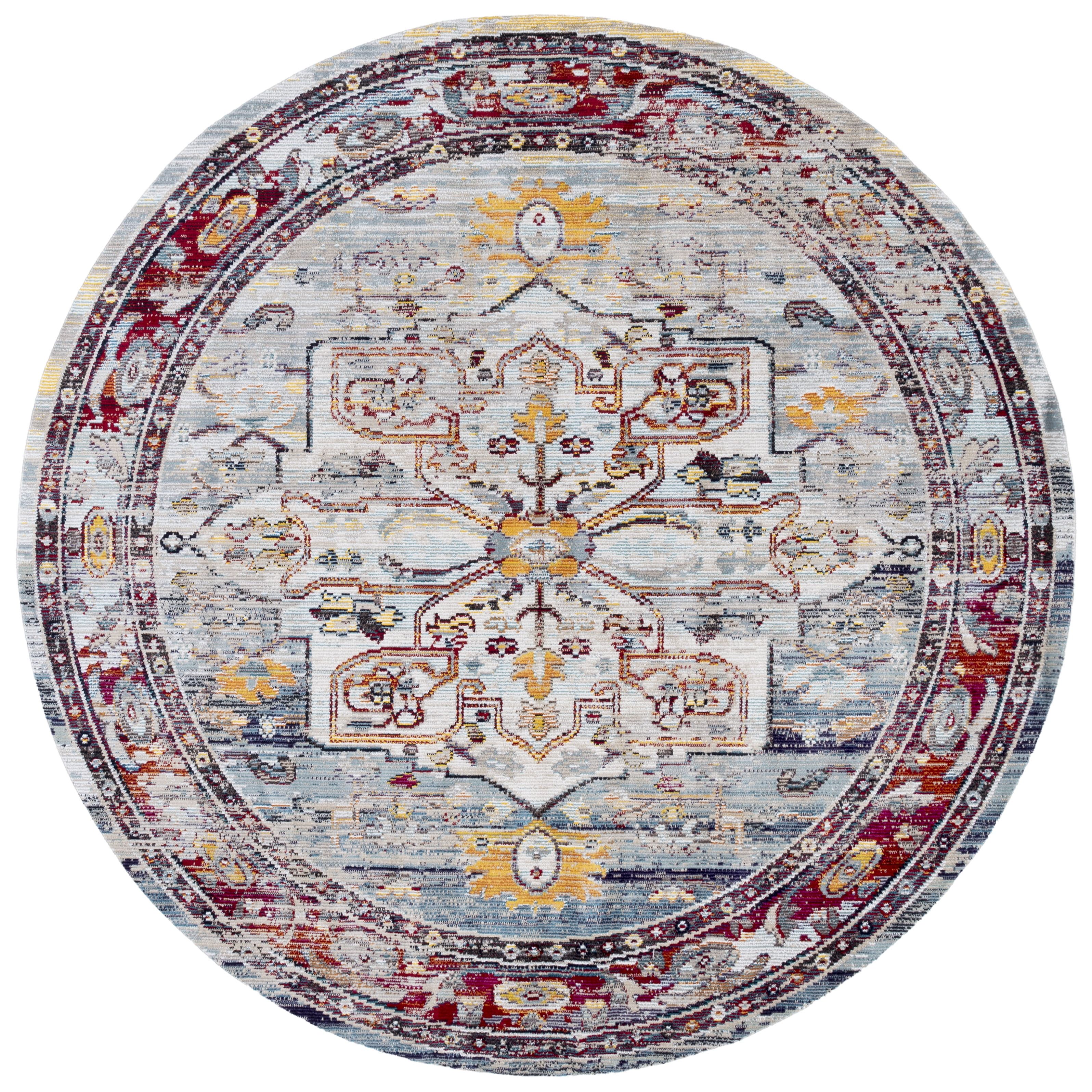 Light Blue Oriental Round Cotton-Blend Easy-Care Area Rug - 7' Diameter