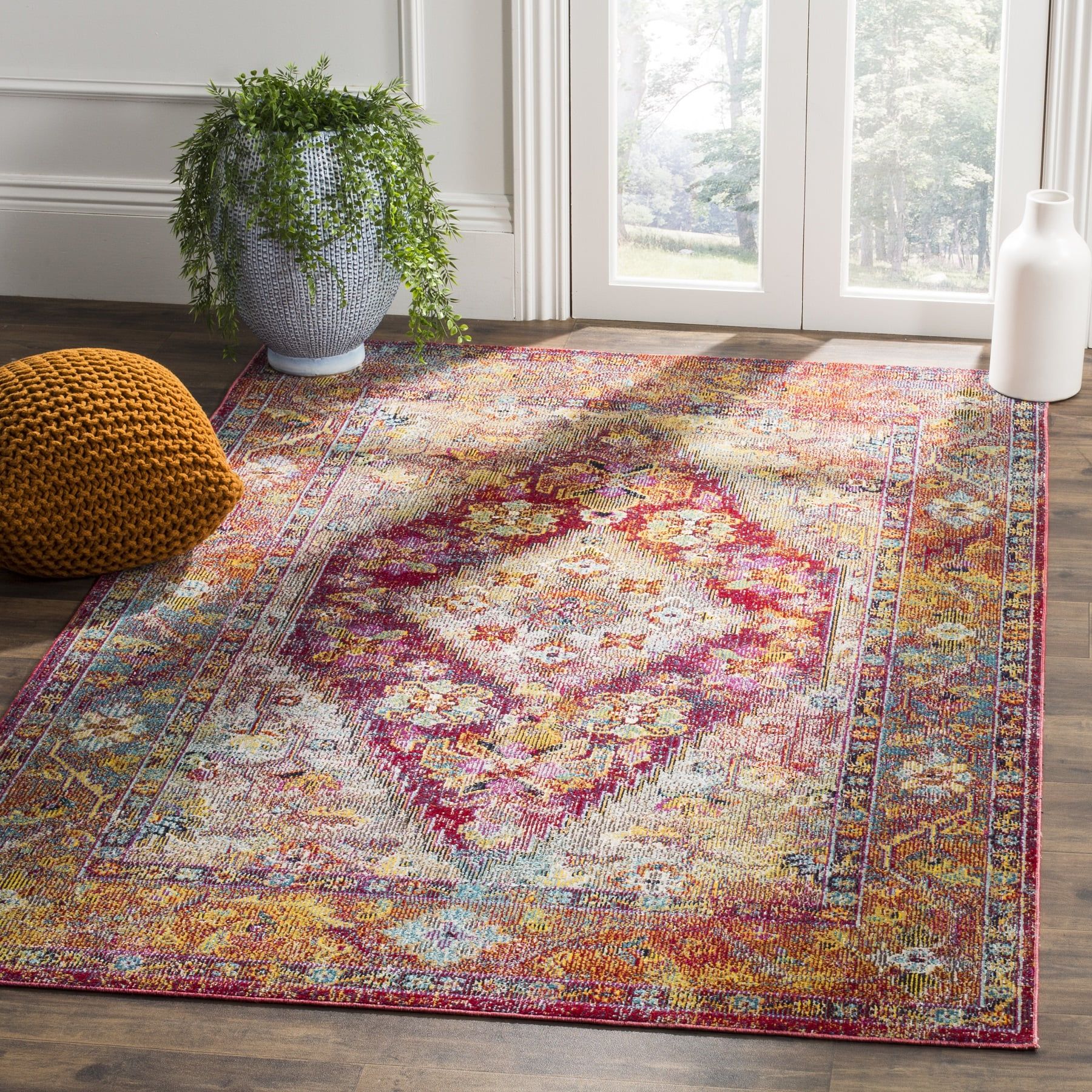 Light Blue and Fuchsia Synthetic Oriental 4' x 6' Area Rug