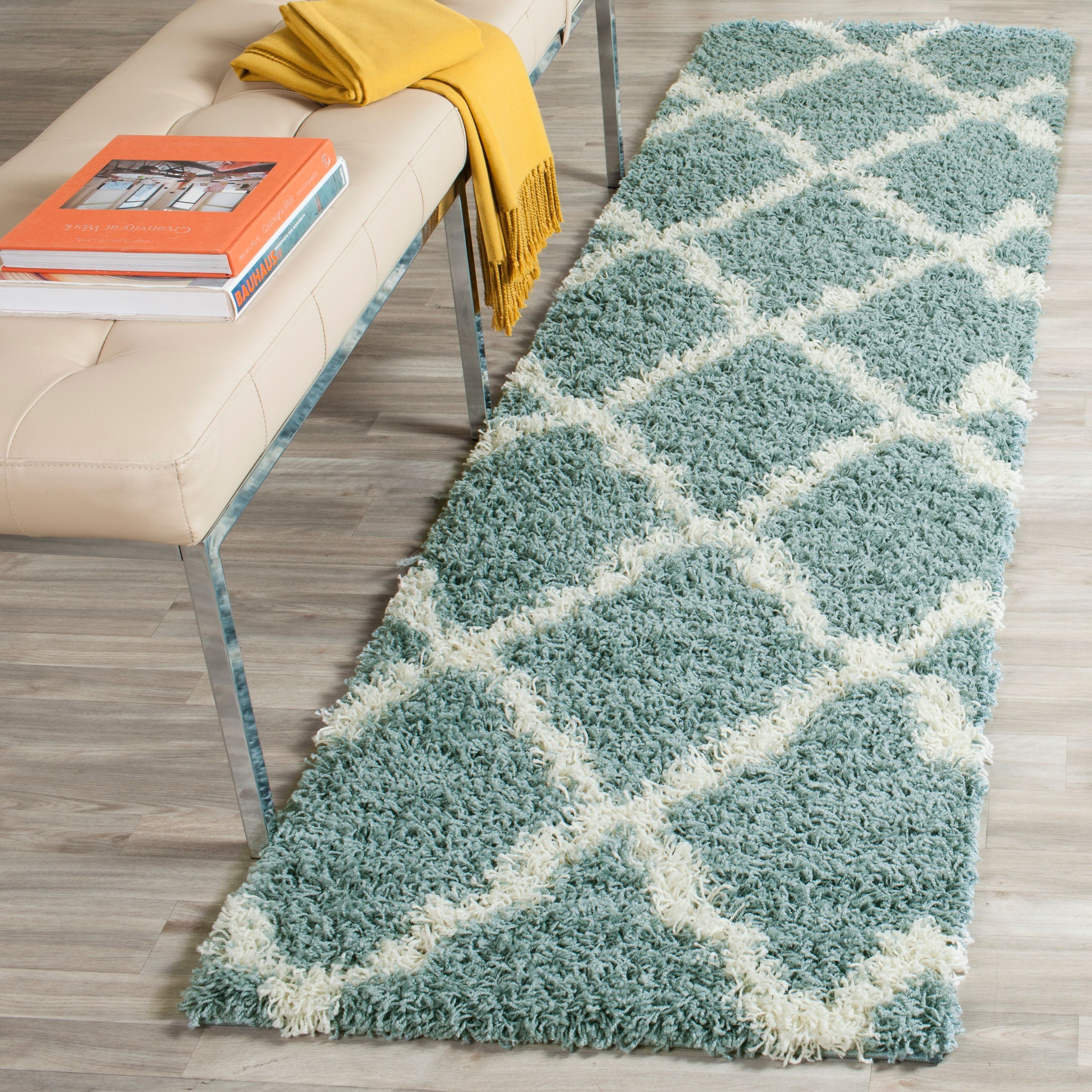 Plush Seafoam and Ivory Geometric Shag Runner, 2'3" x 8'