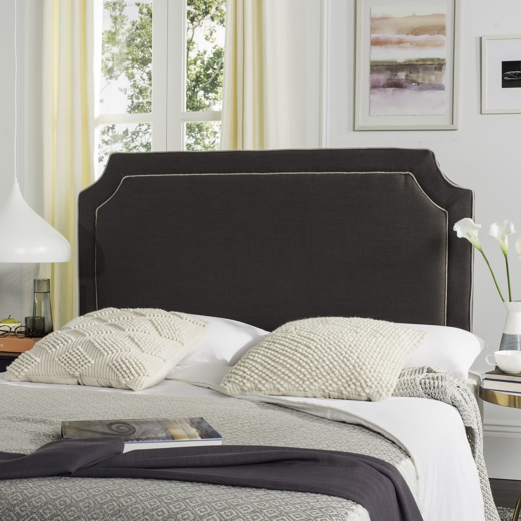 Charcoal and Light Grey Linen Upholstered Queen Headboard with Piping