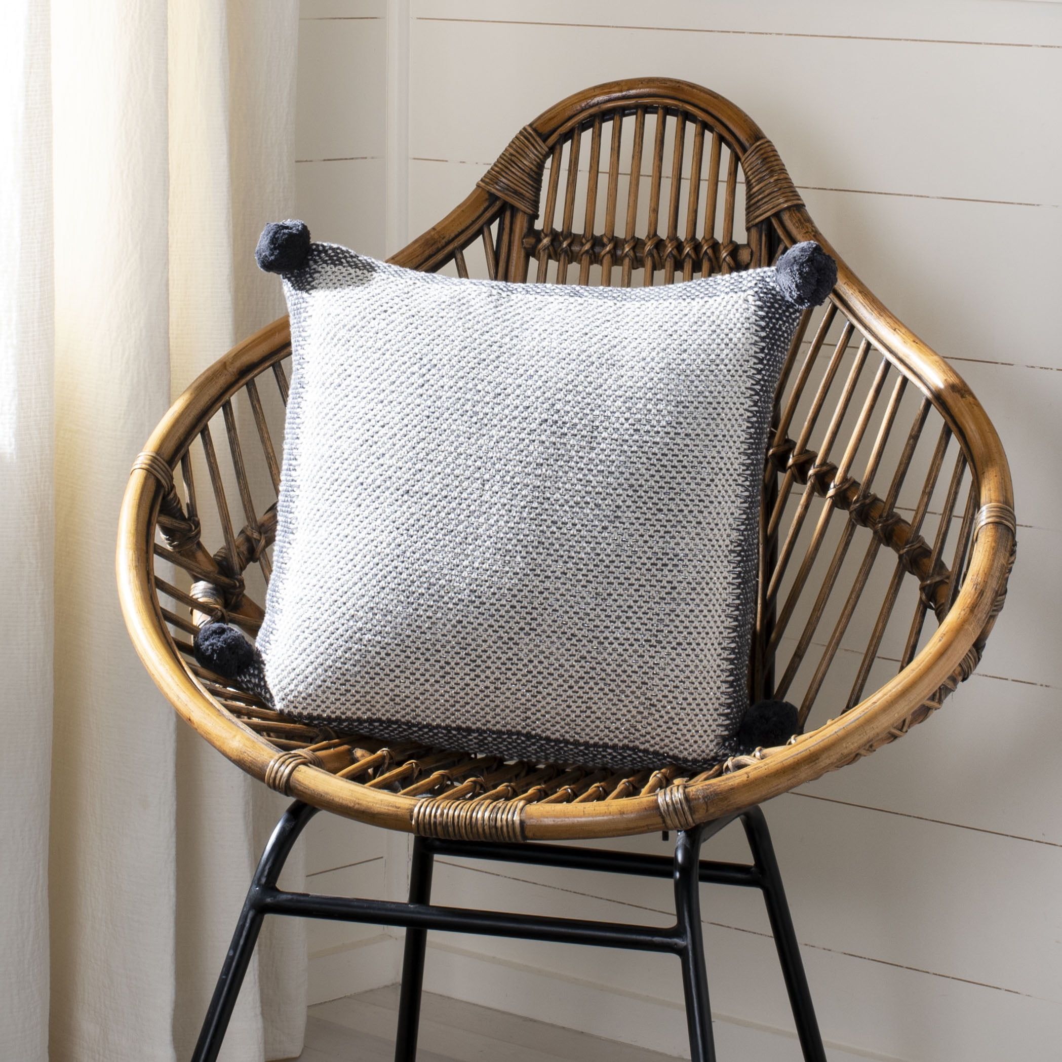 Gray Knit Square Throw Pillow with Pom Pom Tassels