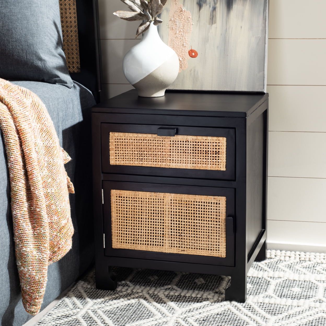 Coastal Black Mahogany & Natural Rattan 1-Drawer Nightstand