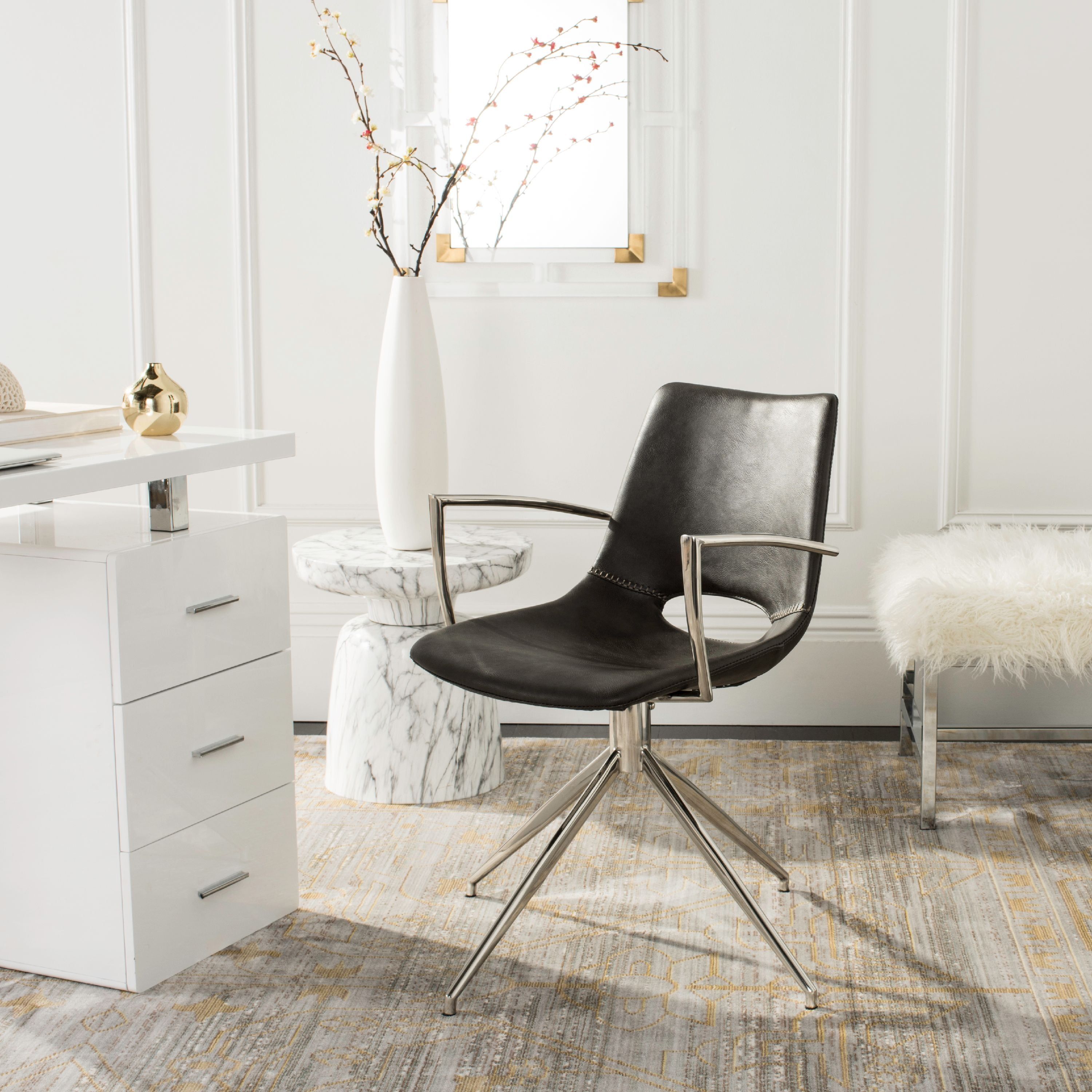 Contemporary Grey Leather Swivel Arm Chair with Stainless Steel Frame