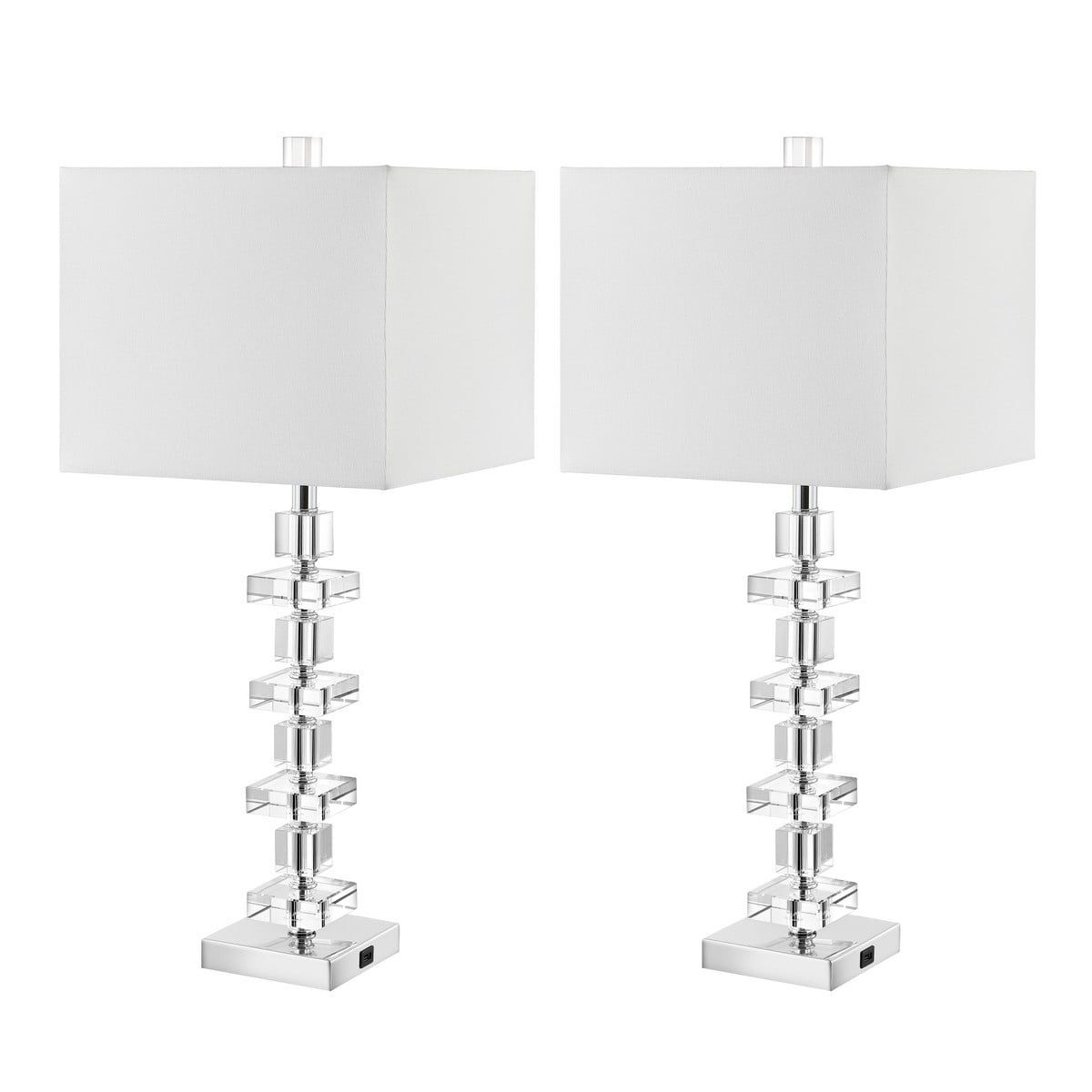 White Crystal and Chrome Art Deco Table Lamp Set with USB Port